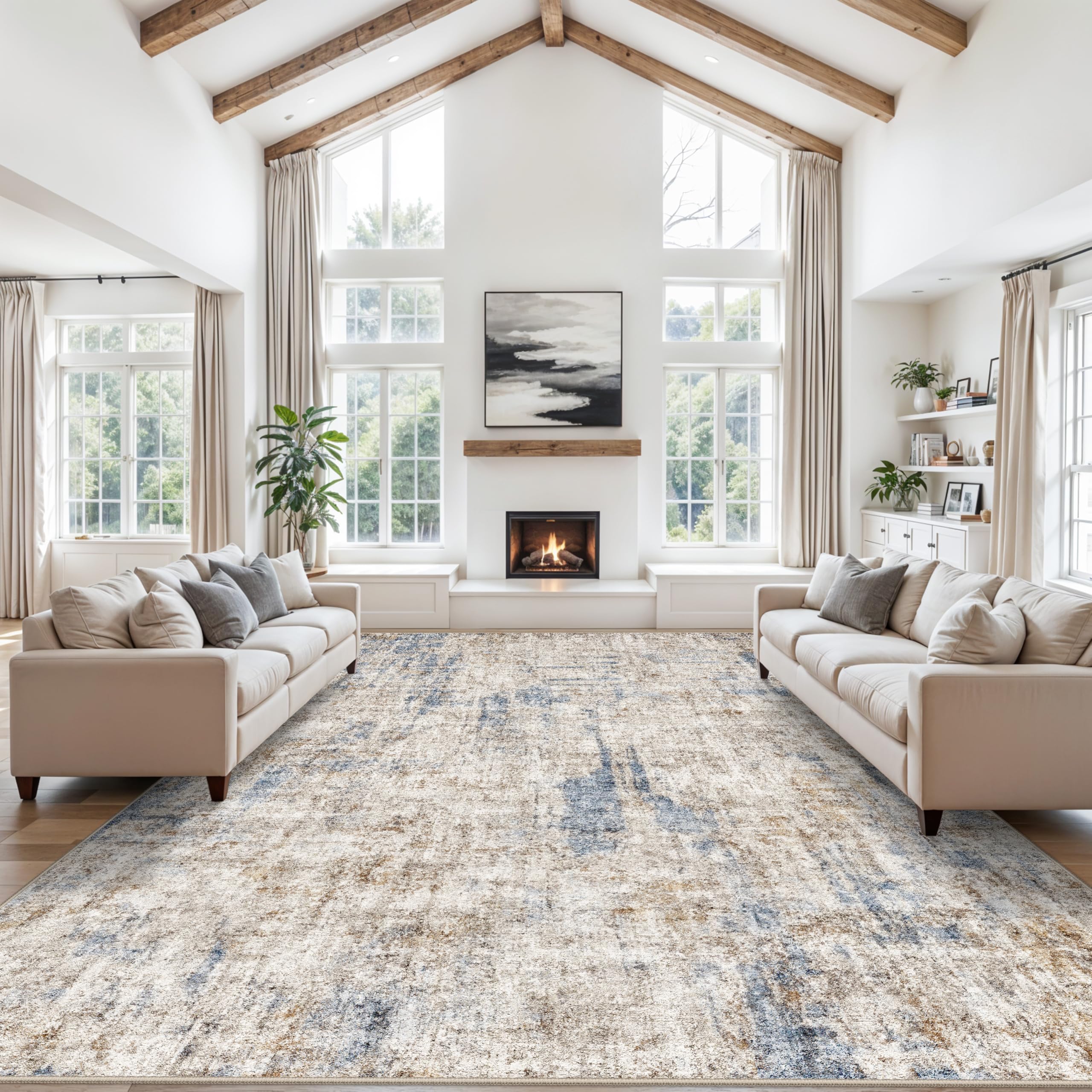Photo 1 of 10x14 Large Rug Living Room – Washable Neutral Modern Abstract Rug for Bedroom Dining Room Home Office – Soft Thin Low Pile Non-Slip Big Carpet (Blue Brown)