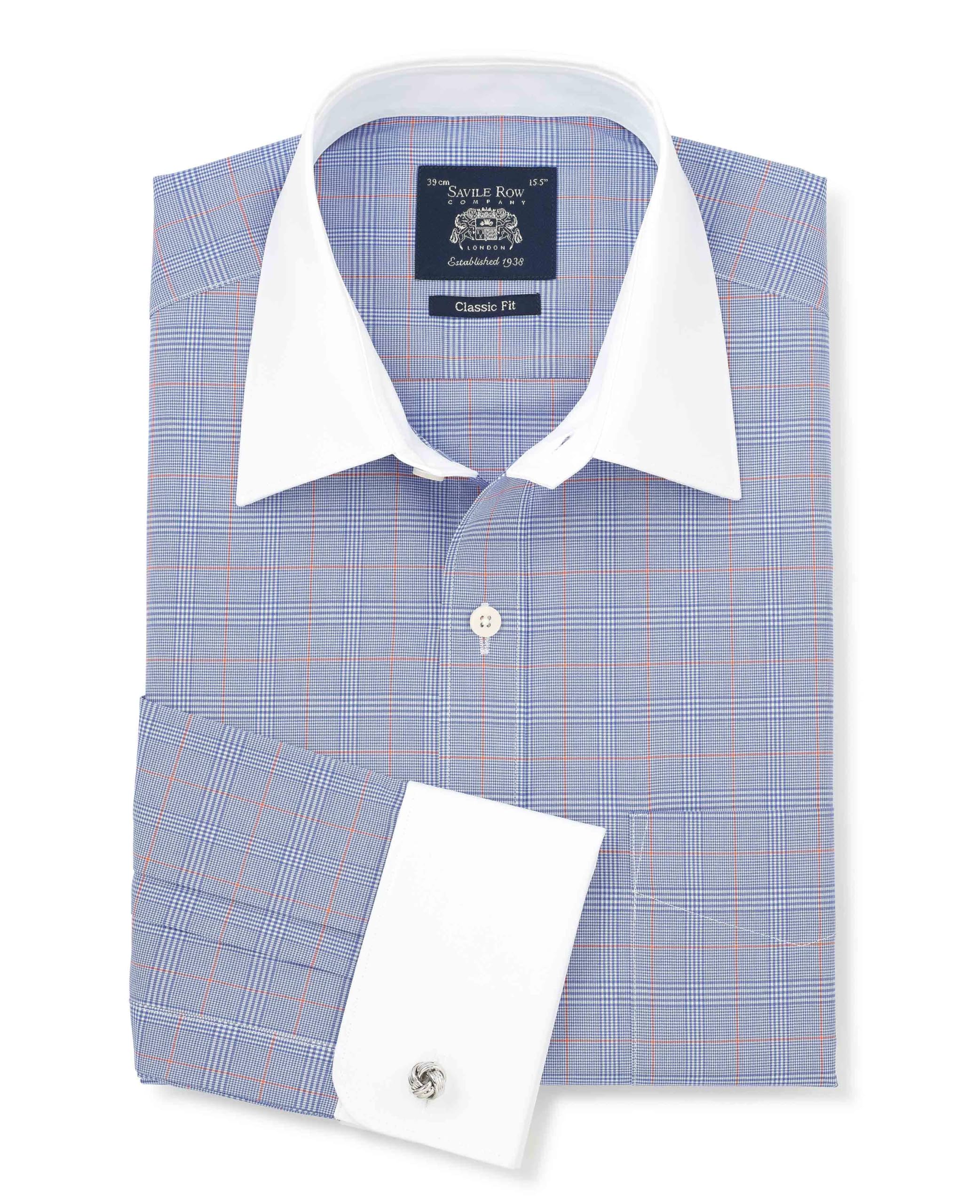 THE SAVILE ROW COMPANY LONDON Men's Classic Fit Cotton Poplin Double Cuff Winchester Formal Shirt - Navy Orange Check - 18.5" Collar