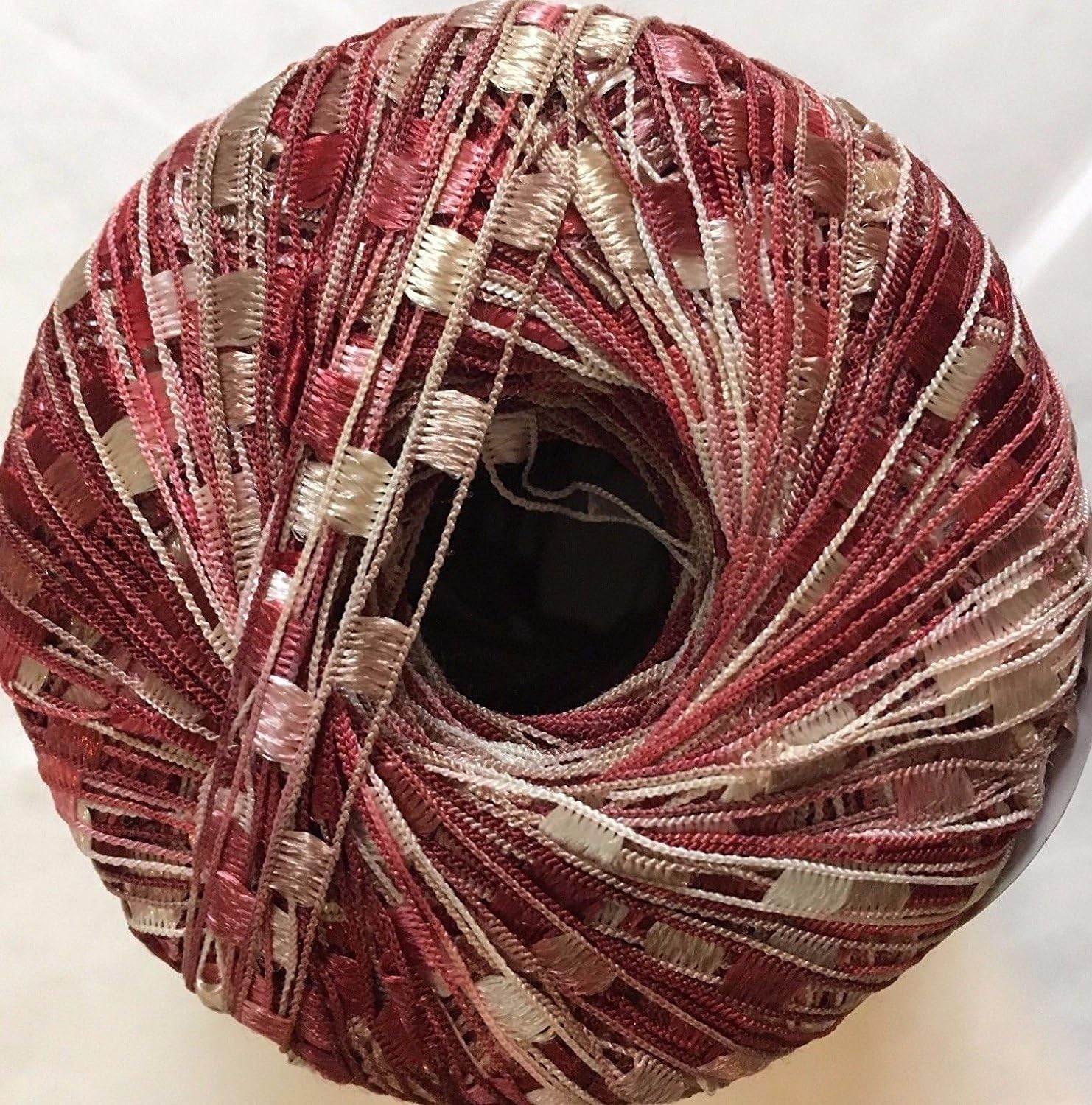 Cherry Pie Ala Mode Mini Ladder Yarn - Burgundy Pink Tan White Ribbon 50 Gram 136 Yards