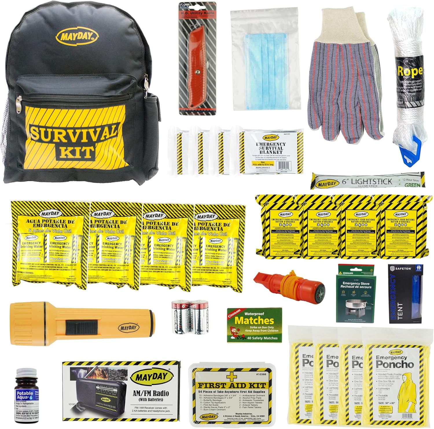 Mayday 13039 Deluxe 4-Person Emergency Backpack - 72-Hour Survival Backpack with Food, Water, First Aid, Radio & Tools for Home, Office, Auto & Disaster Preparedness