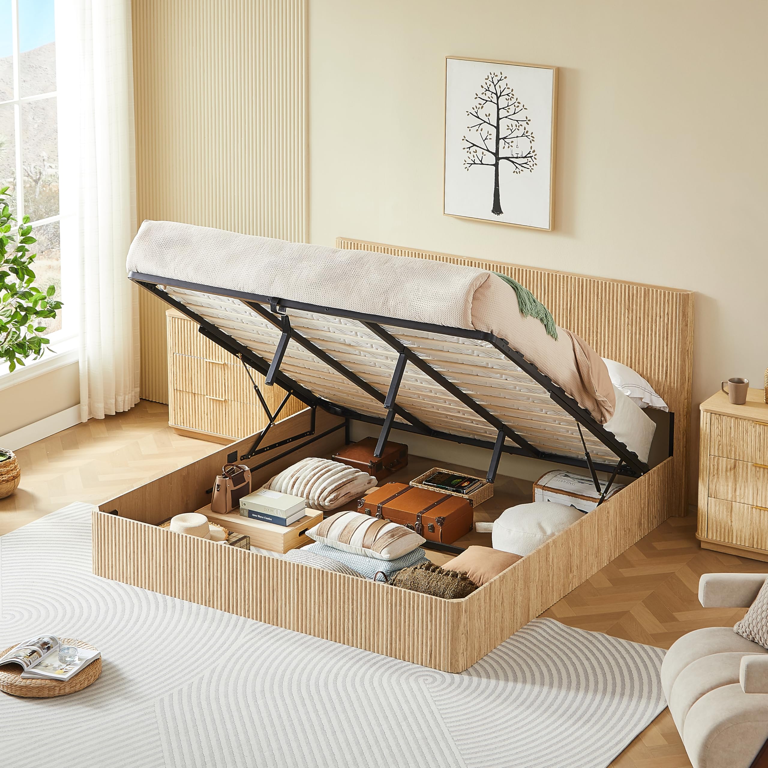 SABAITEC King Size Solid Wood Platform Bed Frame, Wooden Platform Bed Frame with Lift Storage, Solid Wood Leg/No Box Spring Needed/Noise Free/Natural