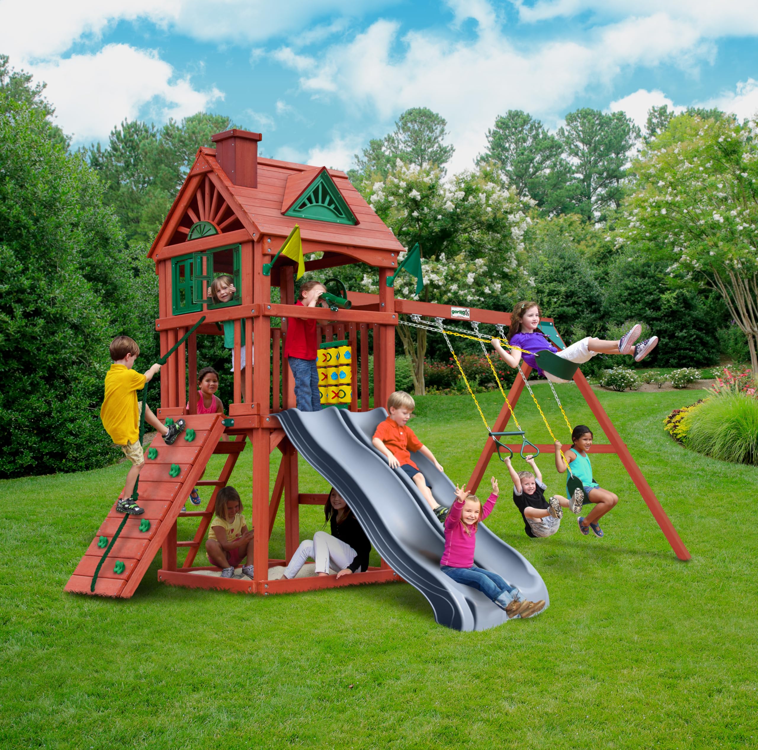 01-0036-GREY Double Down II Wood Swing Set with Wood Roof, Two Slides, Two Swings, Sandbox Area, Rock Wall, Redwood Color