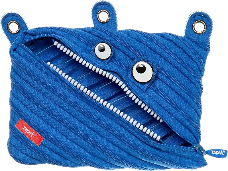 ZIPIT Monster Pencil Case for Kids, Cute 3-Ring Binder Pouch for Boys ,Blue | One long zipper pouch, wide opening, machine washable, durable easy-care polyester, holds 60 pens & pencils