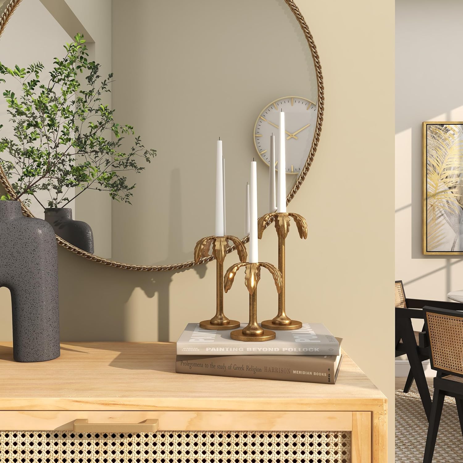 Gold Aluminum Palm Tree Taper Candle Holders Set of 3