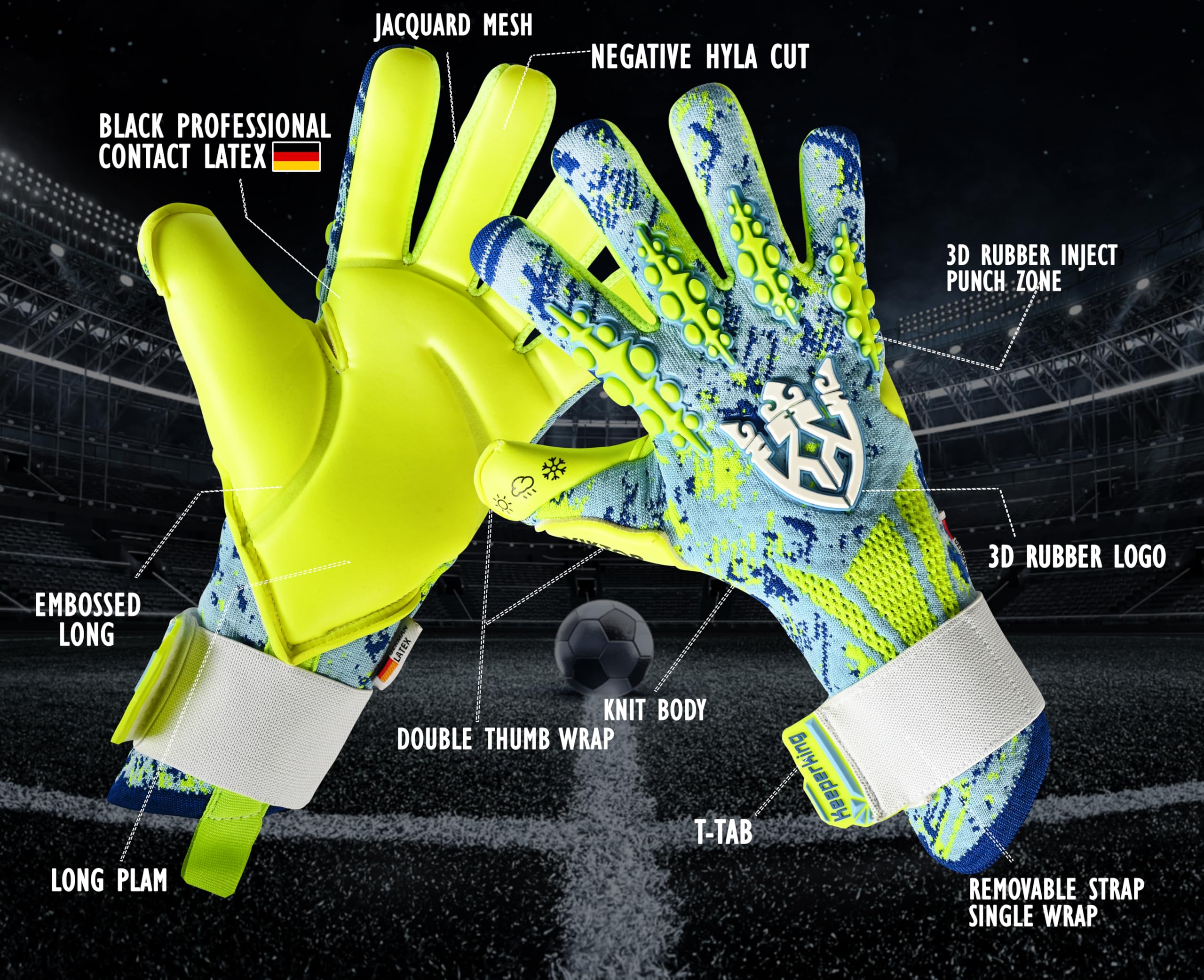 Keeperking Guanti da portiere per adulti, unisex, da calcio, professionali, con cuciture interne, ottima presa 4 mm, vestibilità stabile, diverse dimensioni e colori