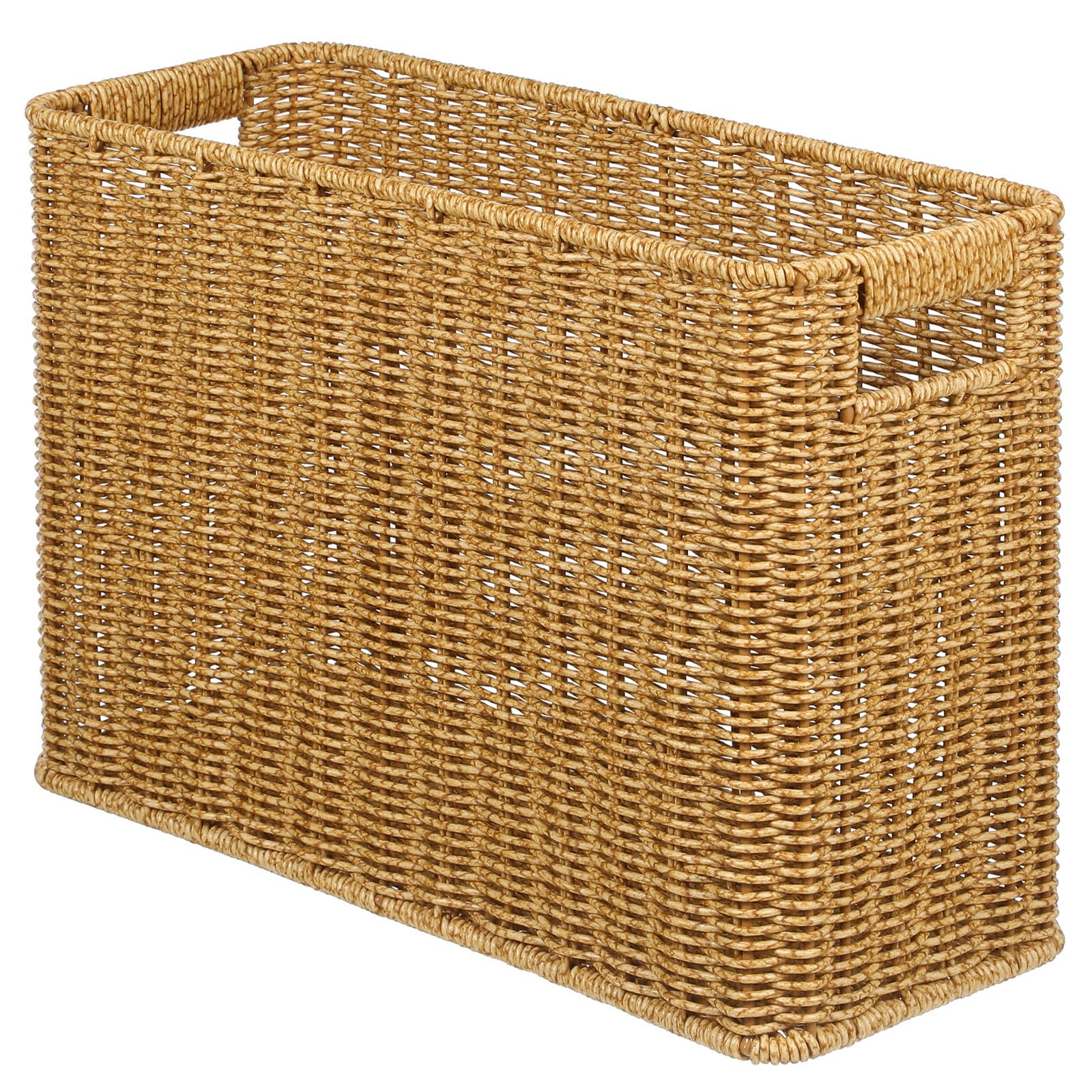 Cesta de Almacenamiento Tejida de Ratán Sintético 32x24x20 Cm Color Café Claro Asas Huecas, Organizador Multifuncional para Escritorio, Cosméticos y Snacks Hogar