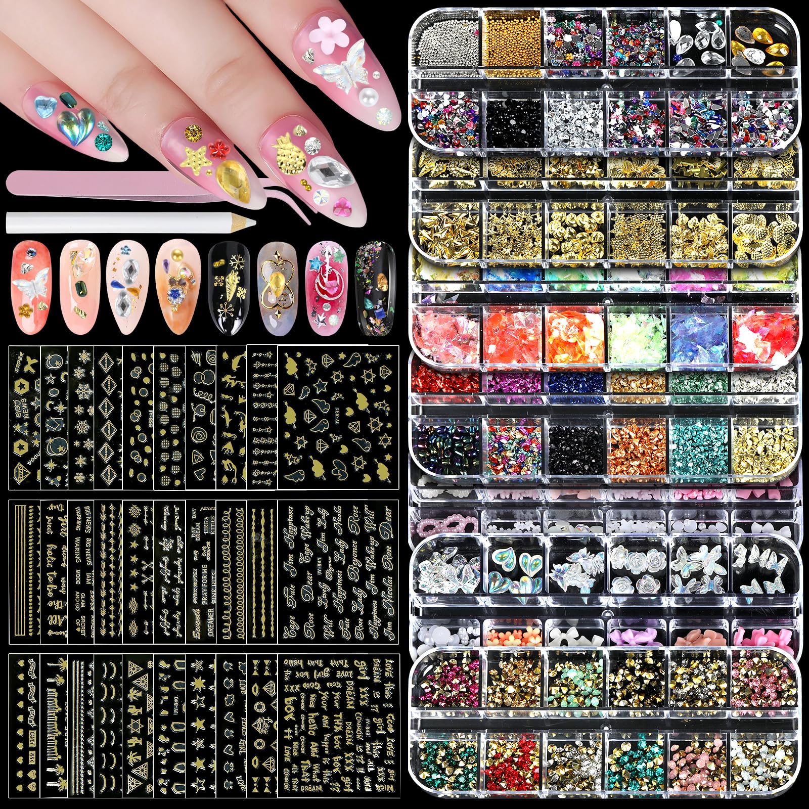 7 Boxes Nail Charms, 3D Butterfly Bowknot Flower Nail Gems with 30 Sheets Gold Nail Stickers