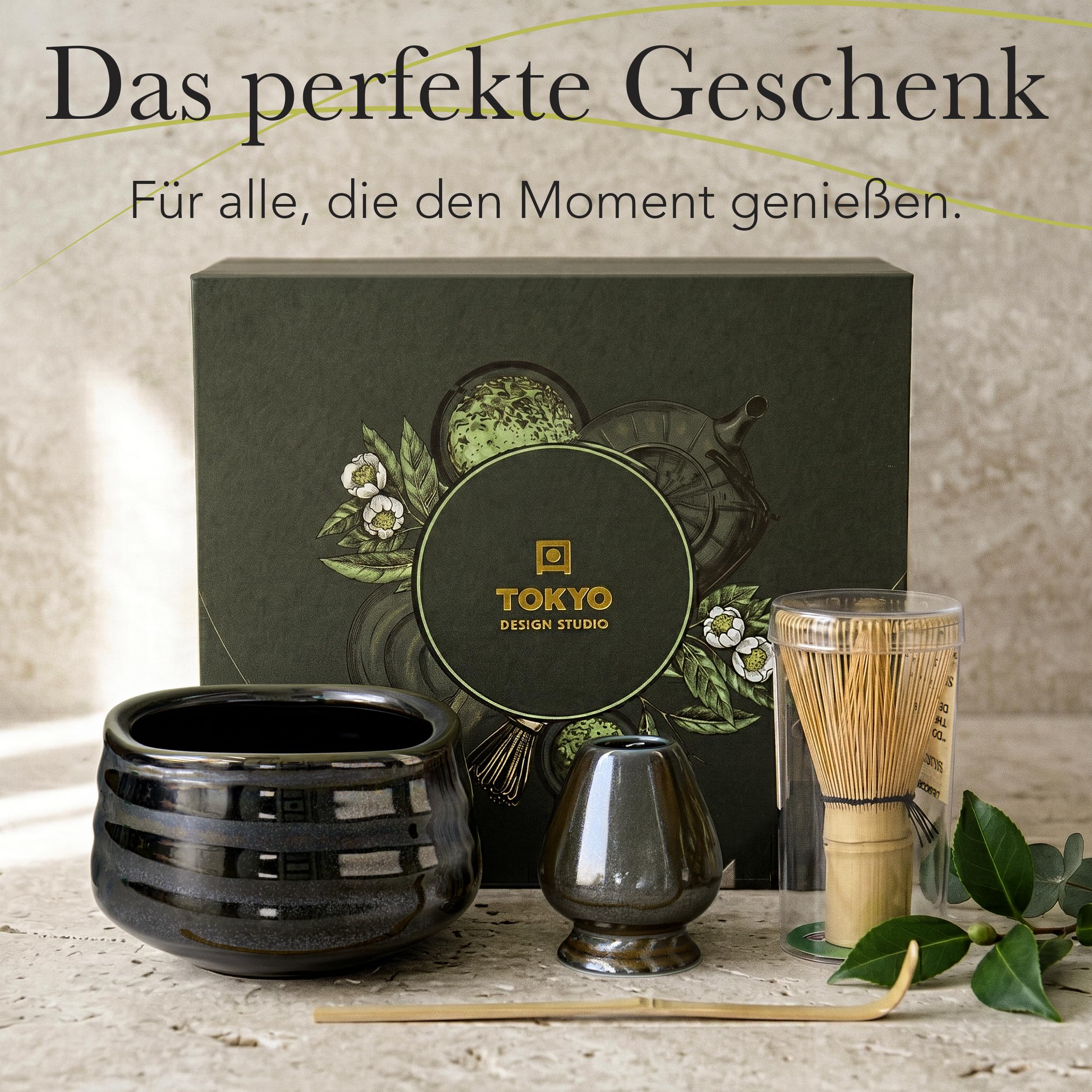 TOKYO design studio – 4-teiliges Matcha Set in hochwertiger Geschenkverpackung - mit Matchaschale, Bambusbesen, Bambuslöffel & Teebesenhalter – Traditionelle Teezeremonie – Edle Keramik in Schwarz