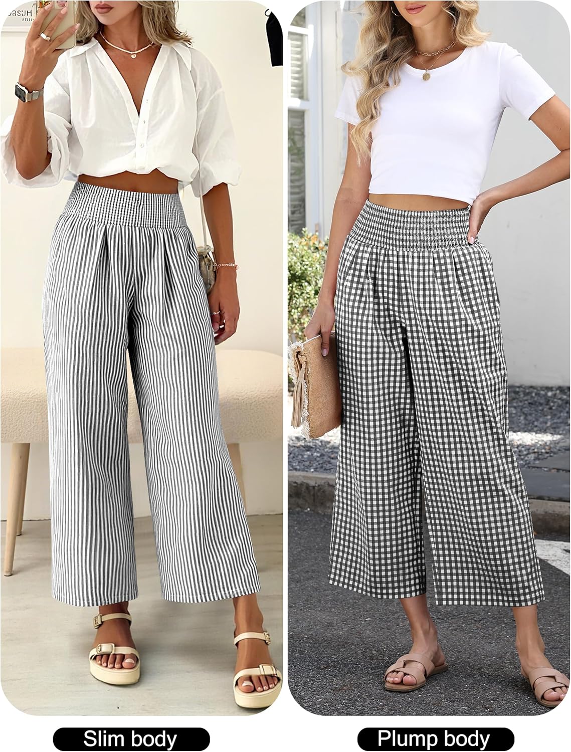 ANRABESS Women Striped Gingham Wide Leg Palazzo Pants Casual Lounge Cropped PJ Bottoms Comfy Cute Plaid Pants with Pockets - Image 6