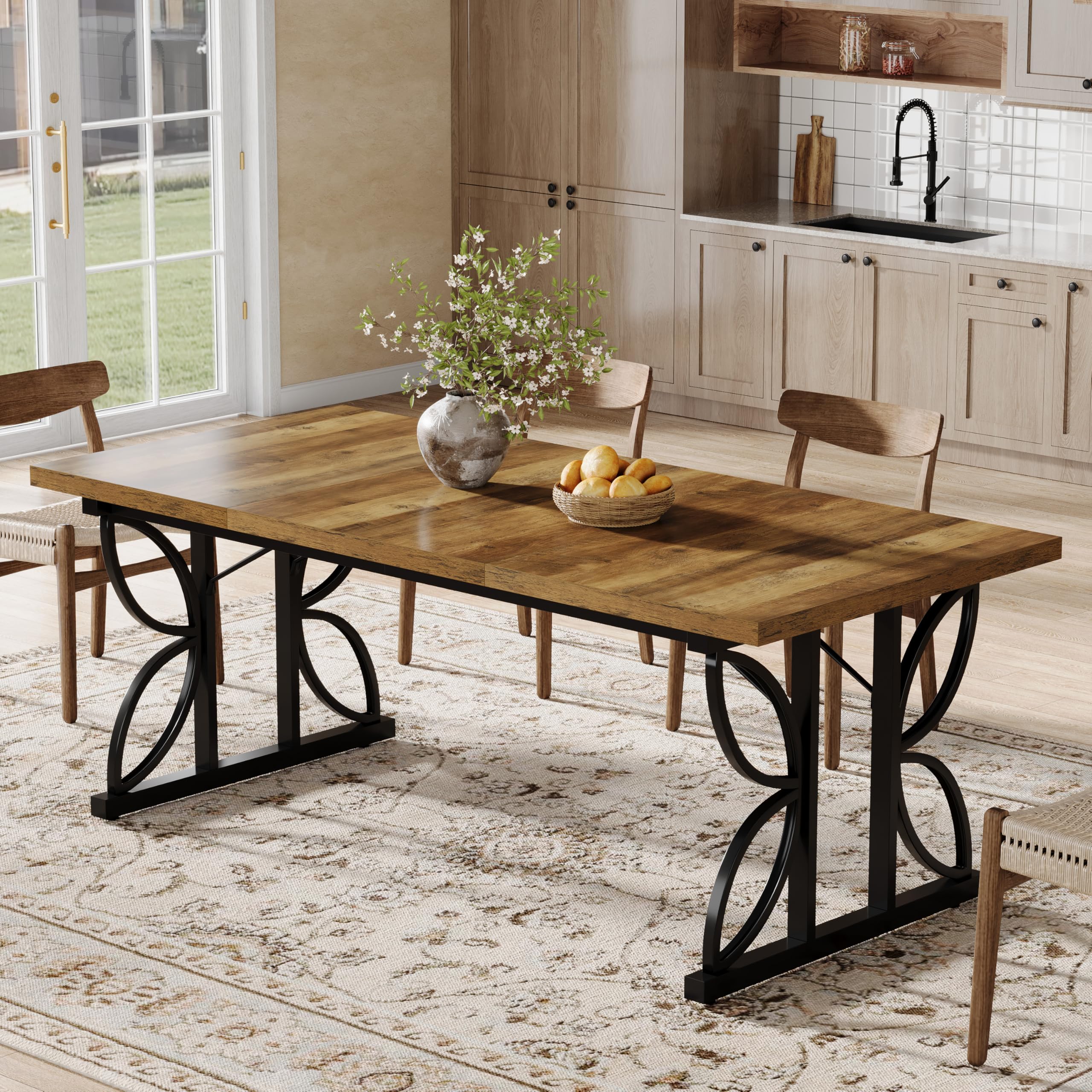 Tribesigns Mesa de comedor rectangular, mesa de cocina industrial para 6-8 personas, mesas de comedor de 180 x 80 cm con base de metal, mesa de comedor para cocina, sala de estar, marrón