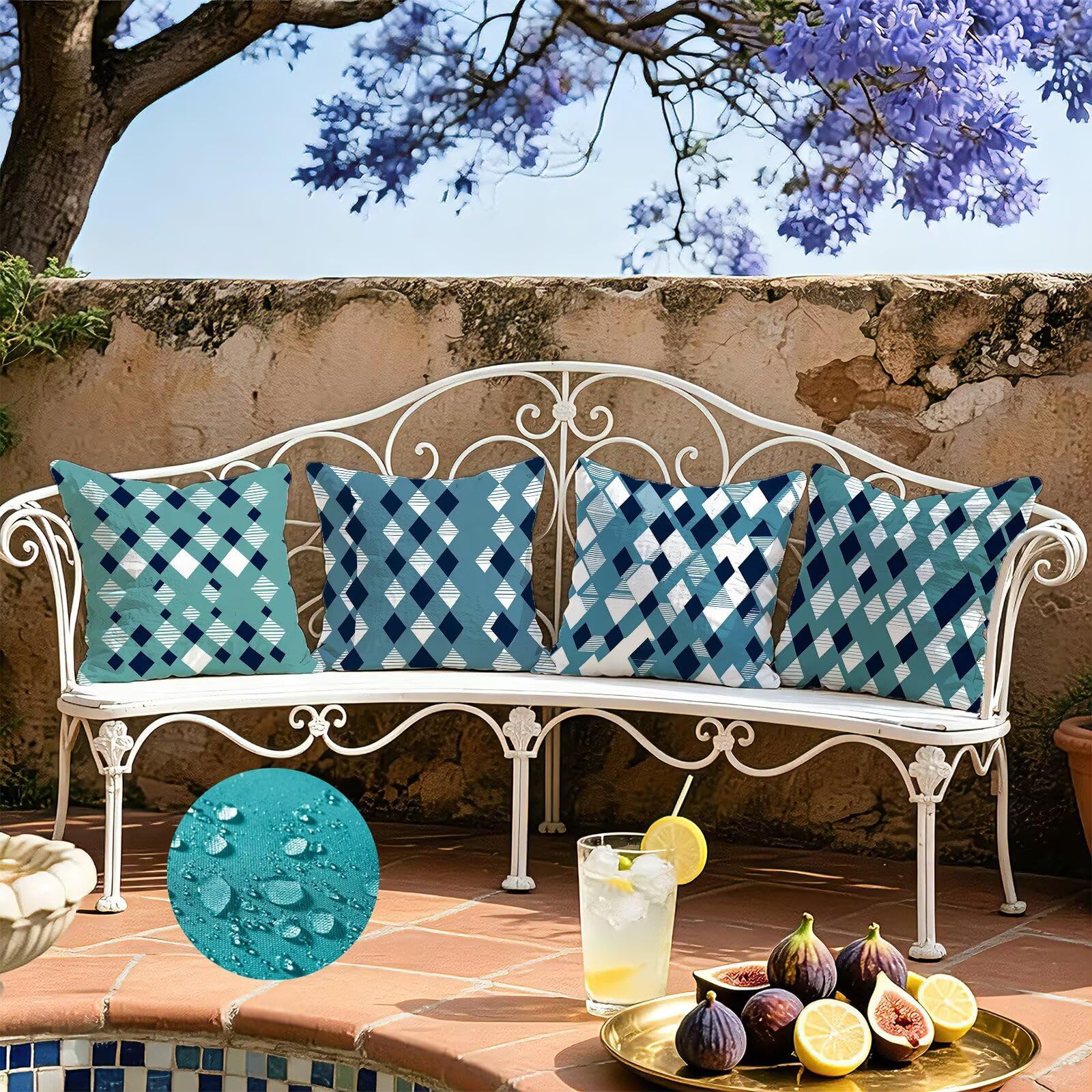 Blu Federe Cuscini Divano 65x65cm, Cuscini da Esterno Set de 4, Cod-72 | Velour Copricuscini Decorativi Letto Arredo, per Letto, Soggiorno, Giardino, Esterno, Casa Decorazione Set di 4 Geometria