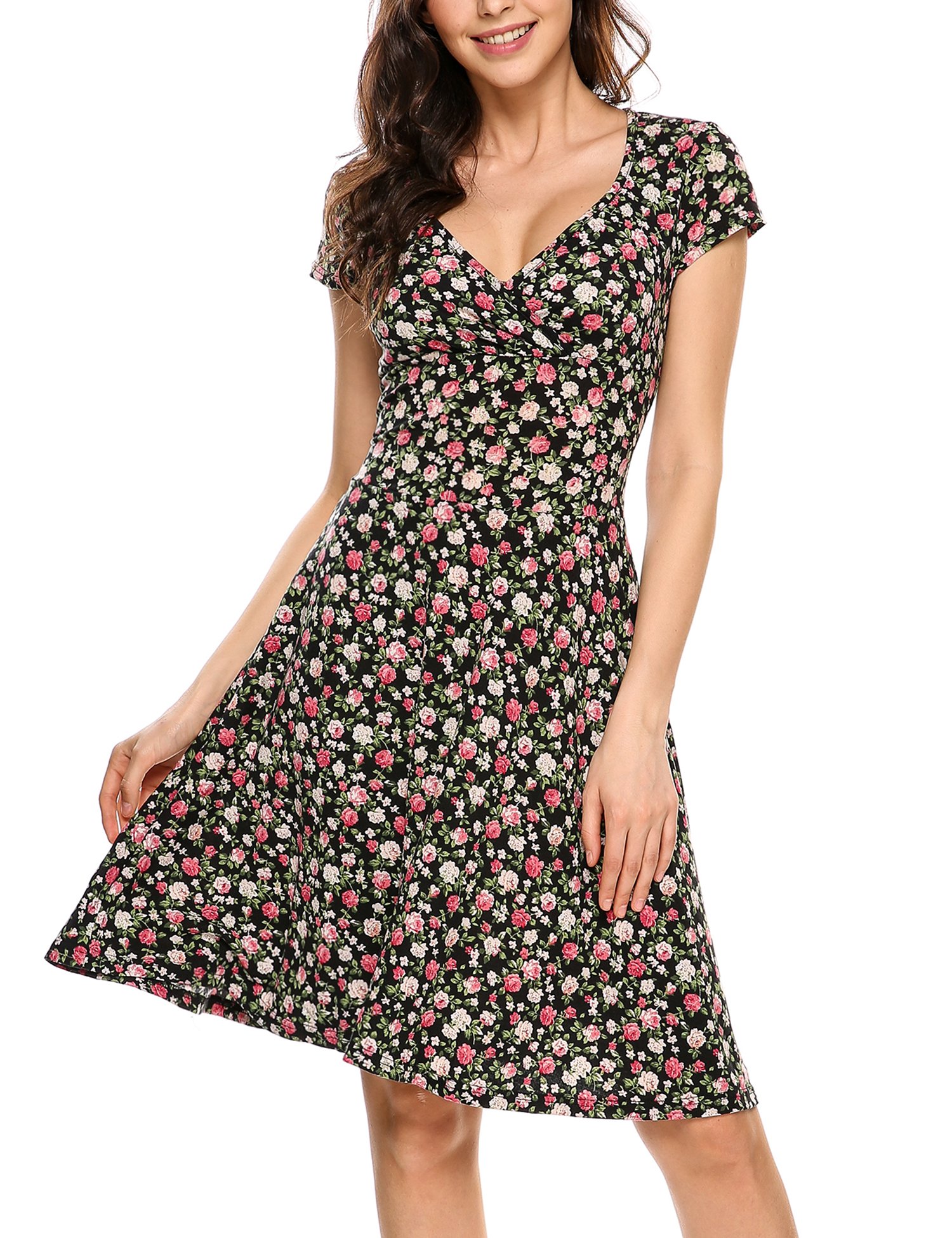 Beyove Sommerkleid Damen Knielang V-Ausschnitt Blümchenkleid A Linie Kurzarm Jerseykleid Floral Sommer Wickelkleid Strandkleid