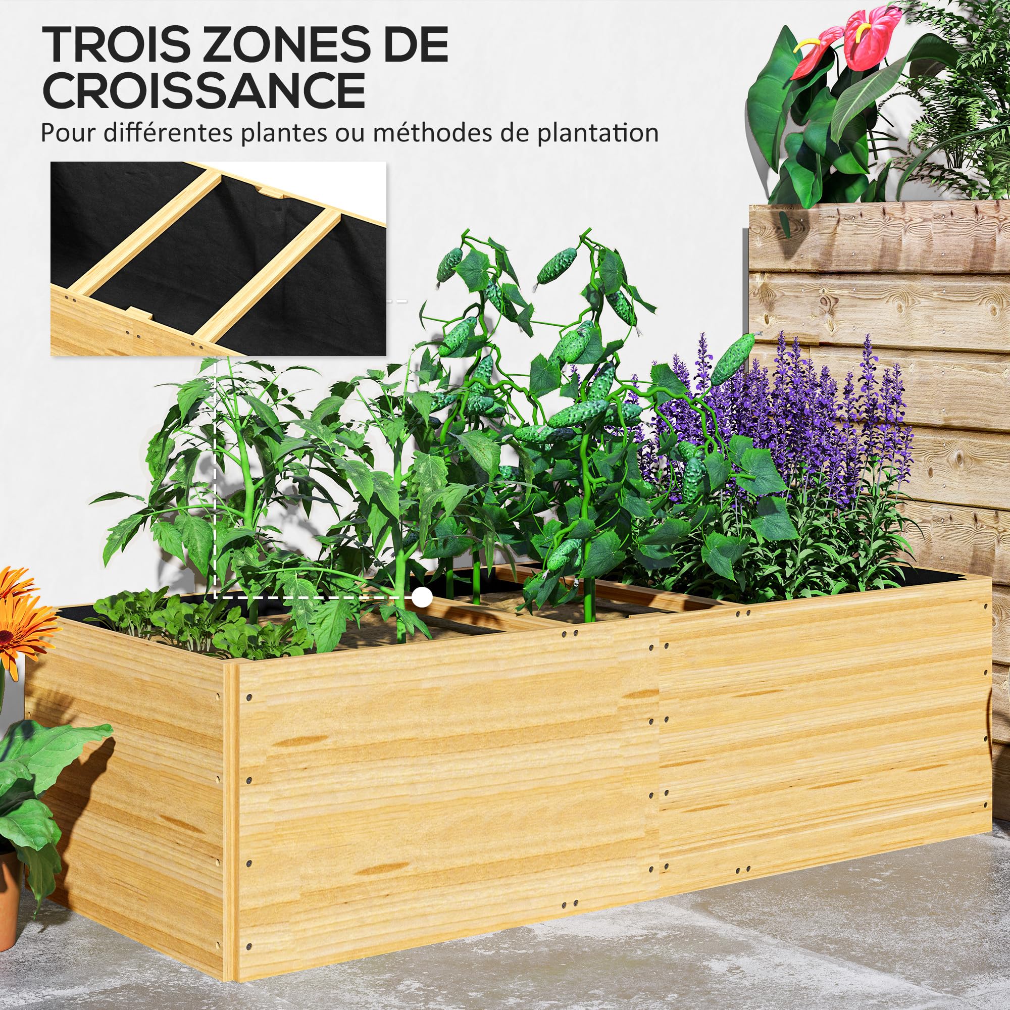 Outsunny Jardinière en Bois, carré Potager Exterieur Bois, 3 Compartiments de Plantation et Doublure Inclus, bac à Fleurs pour légumes Herbes Fleurs dans Jardin terrasse Patio, 140x60x40cm, Naturel