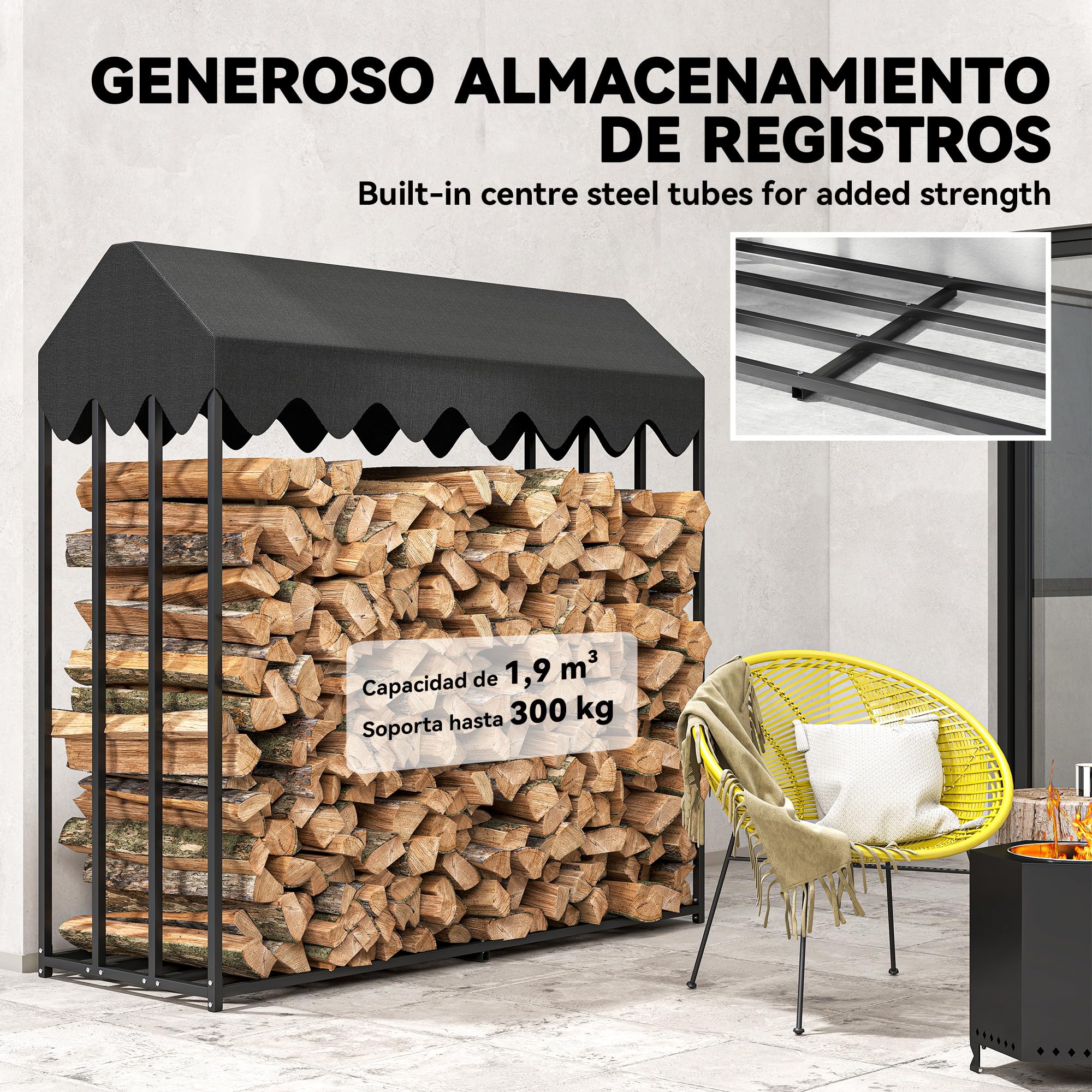 Outsunny Estante de Leña Metálico, 186x70x185 cm, Leñero Exterior con Cubierta Impermeable 600D Oxford, Marco de Acero, Soporte para Leña de Chimenea, para Jardín, Terraza