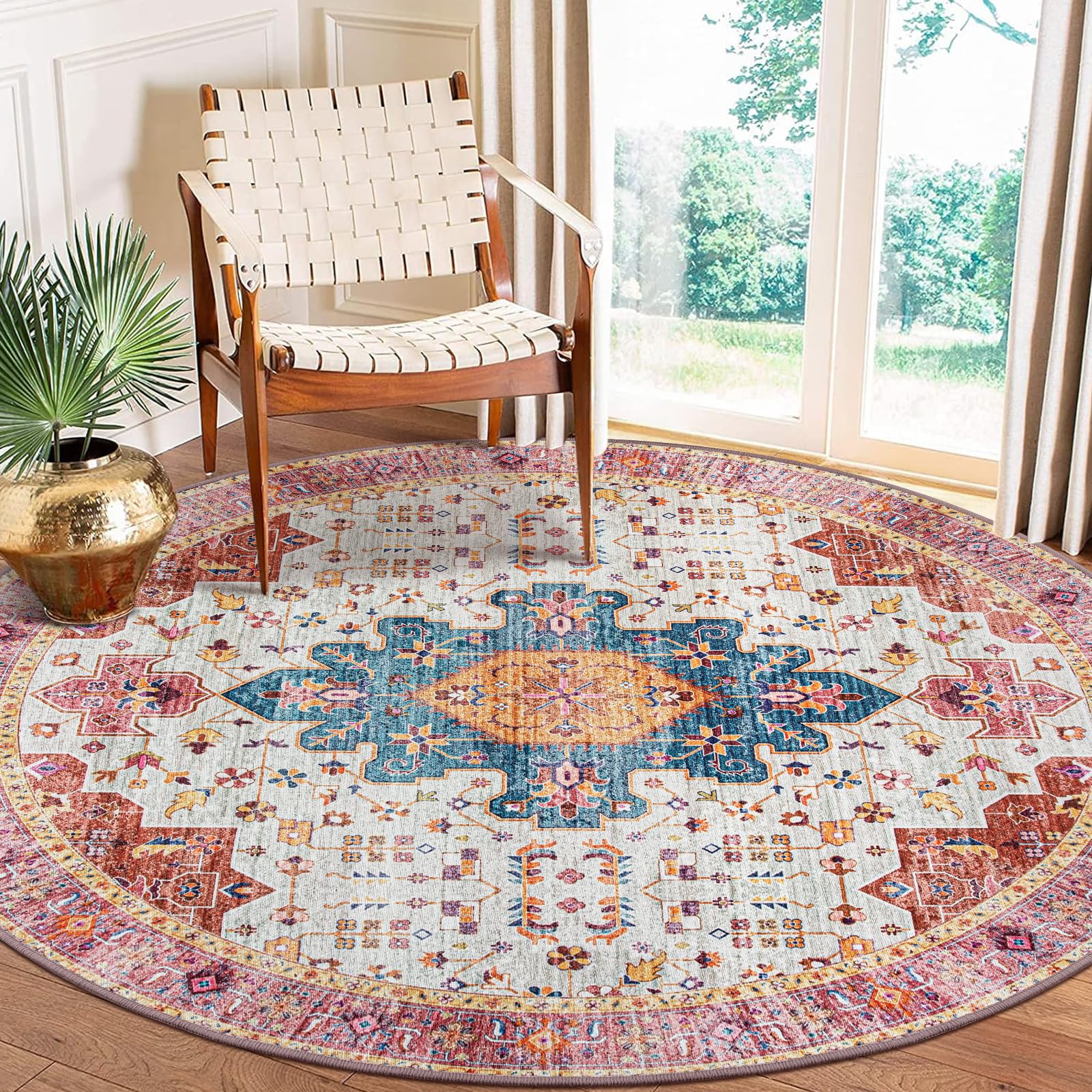 Moynesa Ultra-Thin Washable Round Rug - 6ft Pink Large Living Room Circle Area Rugs, Vintage Dining Room Mat Stain Resistant Nursery Carpet for Bedroom Mudroom Kitchen Apartment Home Office 6ft-Round Pink/Teal/Multi