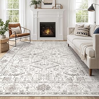 GarveeHome Large Area Rug 9x12 Rugs for Living Room Washable Rug Non Slip Modern Abstract Rug Low Pile Foldable Thin Rug Soft Indoor Non-Shedding Carpet for Bedroom Nursery Home Office Beige/White