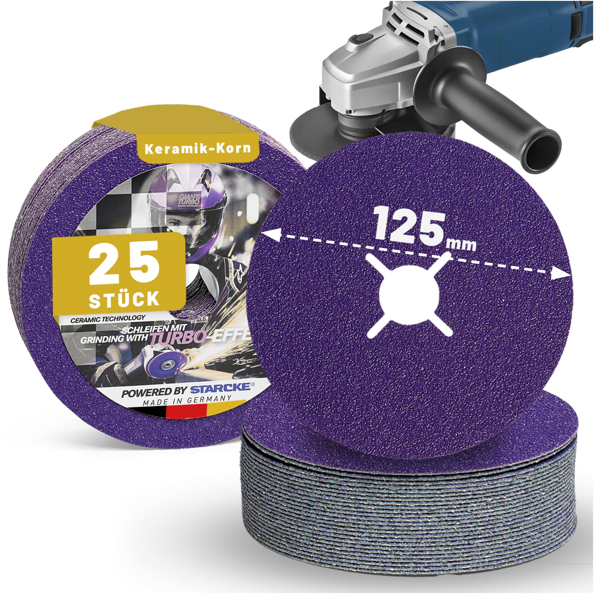 STARCKE® Fiberscheiben 125mm Metall für Winkelschleifer [25x] Langlebig - MADE IN GERMANY - GIANT TURBO - Fiberscheibe & Flexscheibe - für Stahl, Edelstahl, Aluminium, Titan (P60)