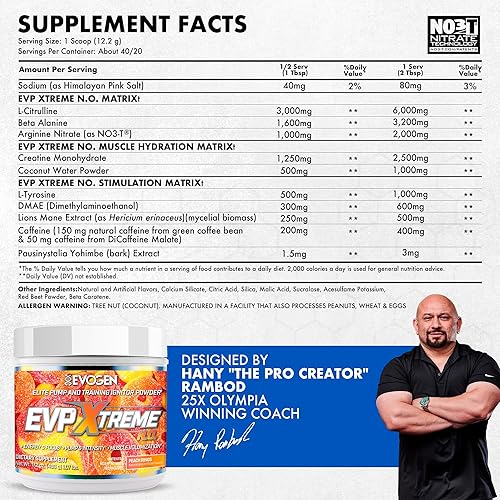 Miniatura 52 de Evogen EVP Xtreme NO - Polvo de preentrenamiento para hombres y mujeres Preentrenamiento sin azúcar con beta alanina, creatina y cafeína
