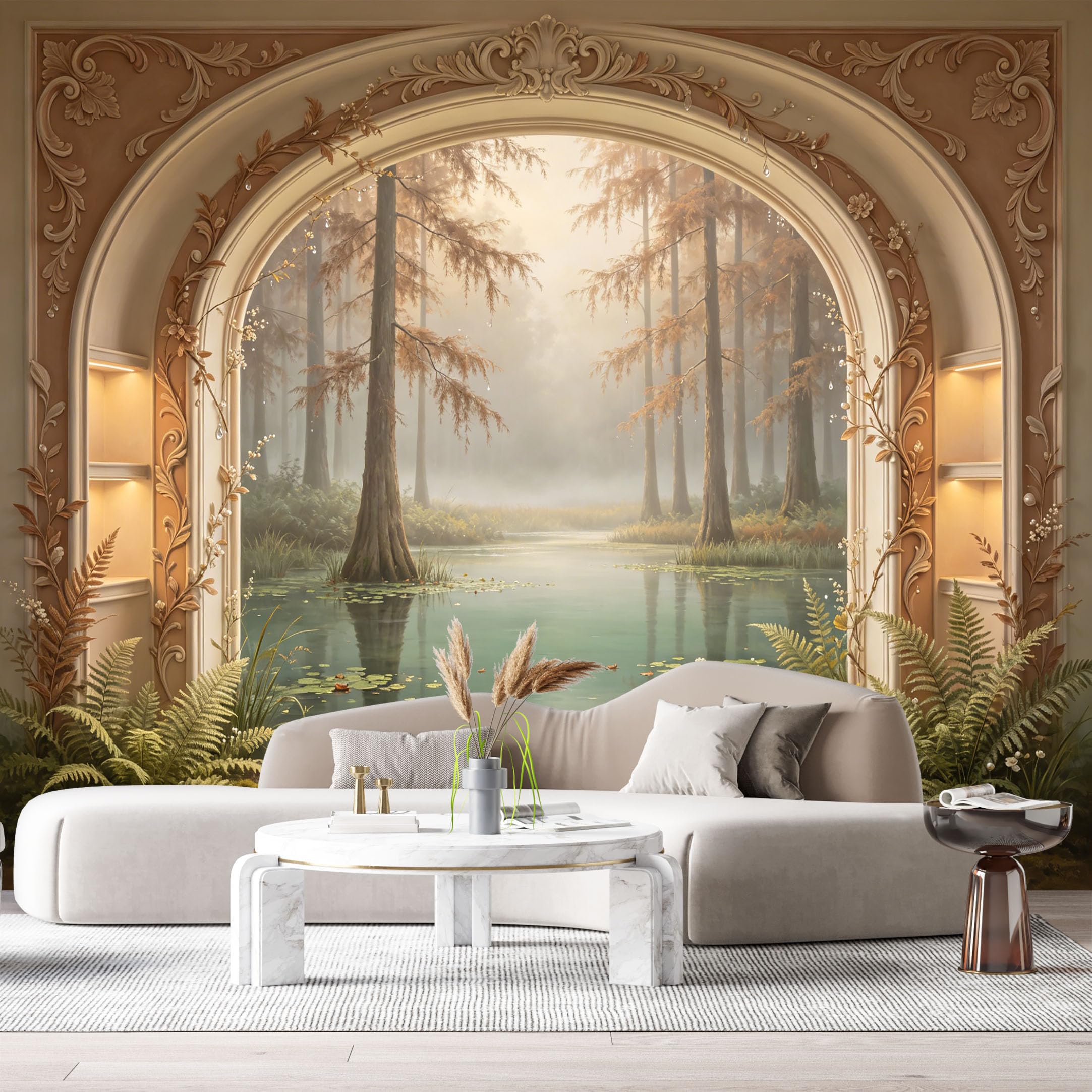 Custom Size Wall Murals Archway Lake Forest Landscape Neoclassical 3D Trompe L'Oeil SelfAdhesiveWall Fabric Removable Wallpaper Wall Decor for Living Room Bedroom Bathroom