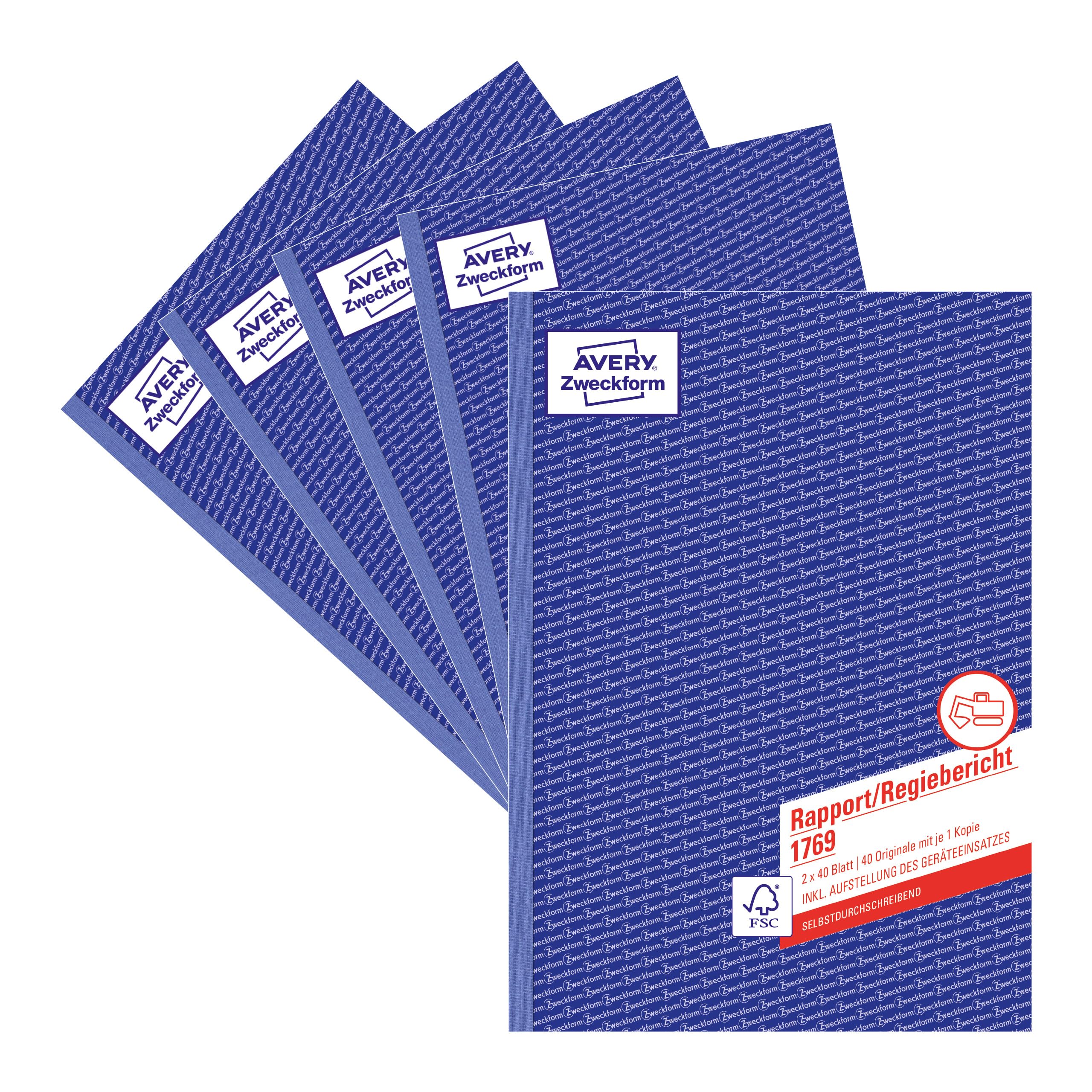 Avery Zweckform 1769-5 Rapport/Regiebericht (A4, selbstdurchschreibend, von Rechtsexperten geprüft, für Deutschland und Österreich zur Dokumentation der Arbeitsleistung, 2x40 Blatt) 5er Pack weiß/gelb