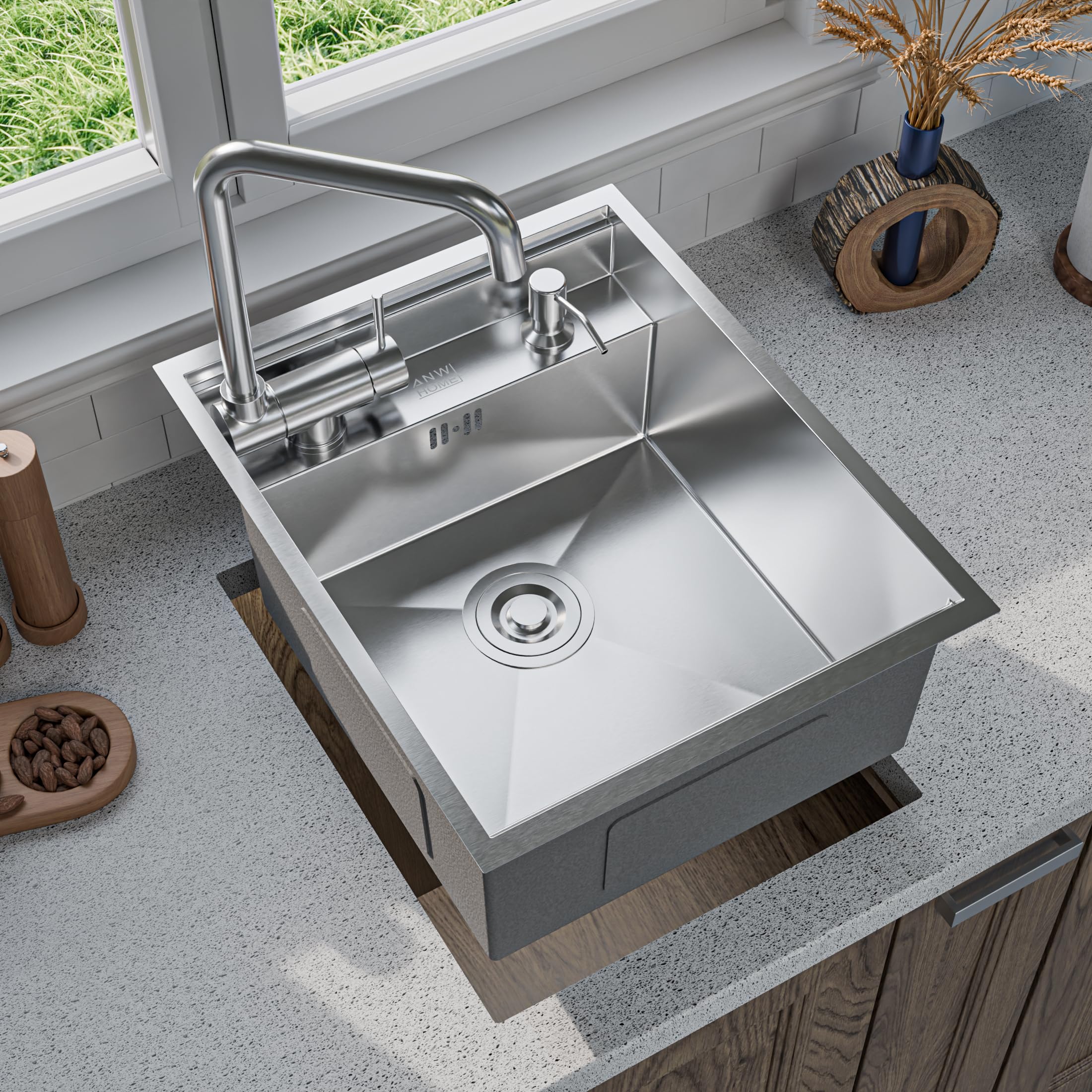 ANW HOME Fregadero Cocina 1 Seno 40x50 cm, Acero Inoxidable 304 | Sobre Encimera, Acabado Satinado, Grosor 3,0/1 mm, Con Sifón, Dosificador, Grifo, Tapa