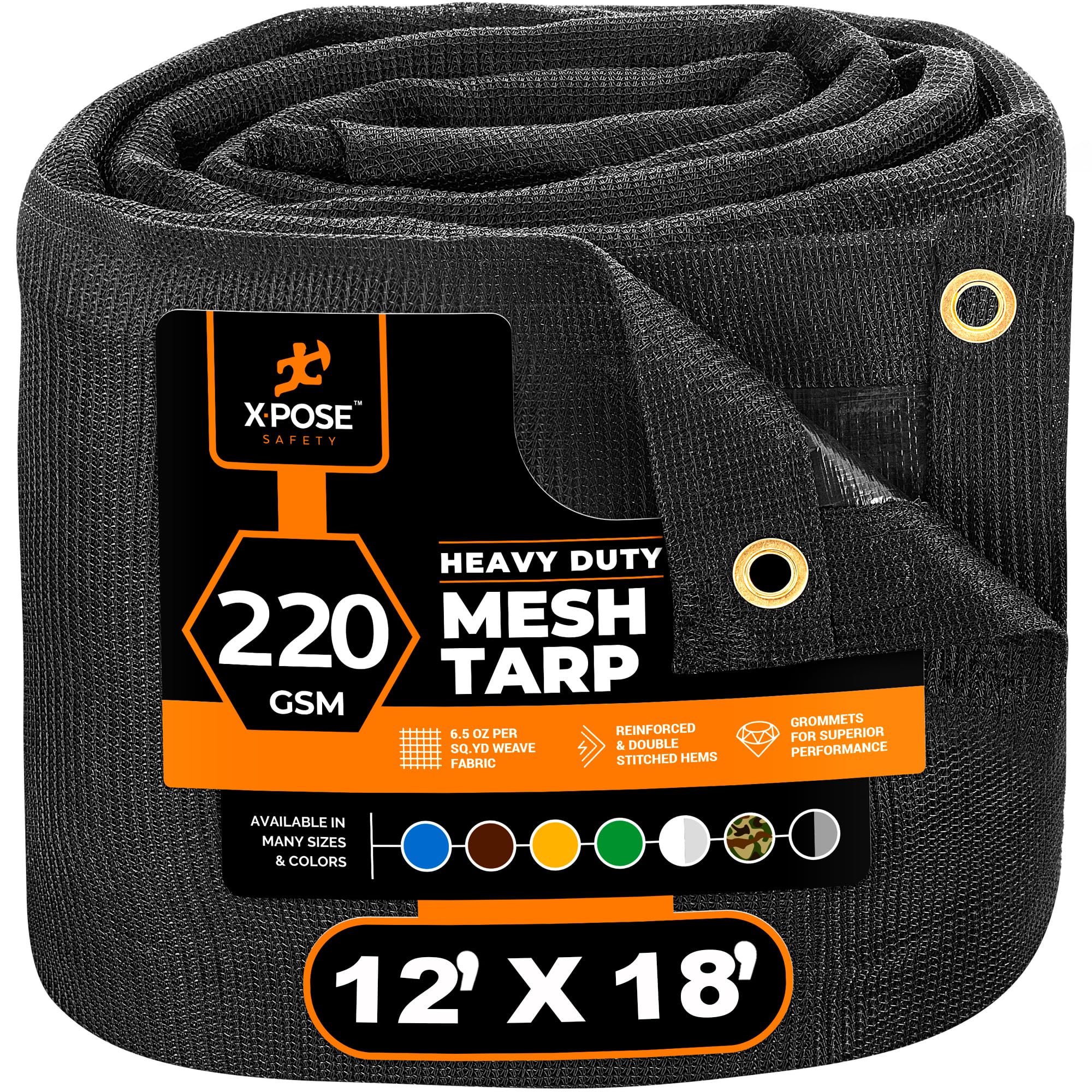 Xpose Safety Heavy Duty Mesh Tarp – 12’ x 18’ Multipurpose Black Protective Cover with Air Flow - Use for Tie Downs, Shade, Fences, Canopies, Dump Trucks – Tear Resistant