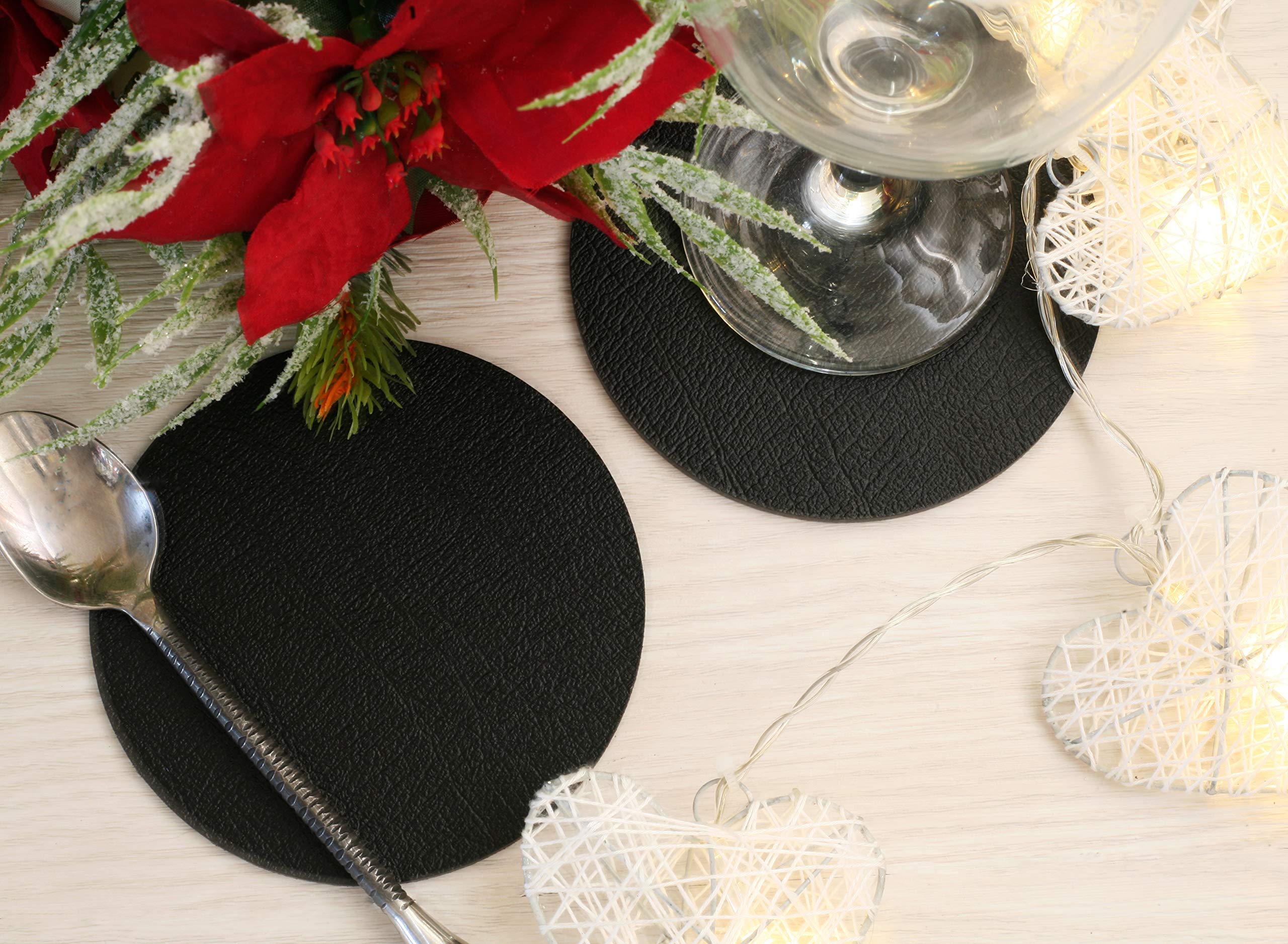 Set of 4 Classic Black Leatherboard Round Coasters - Made in UK