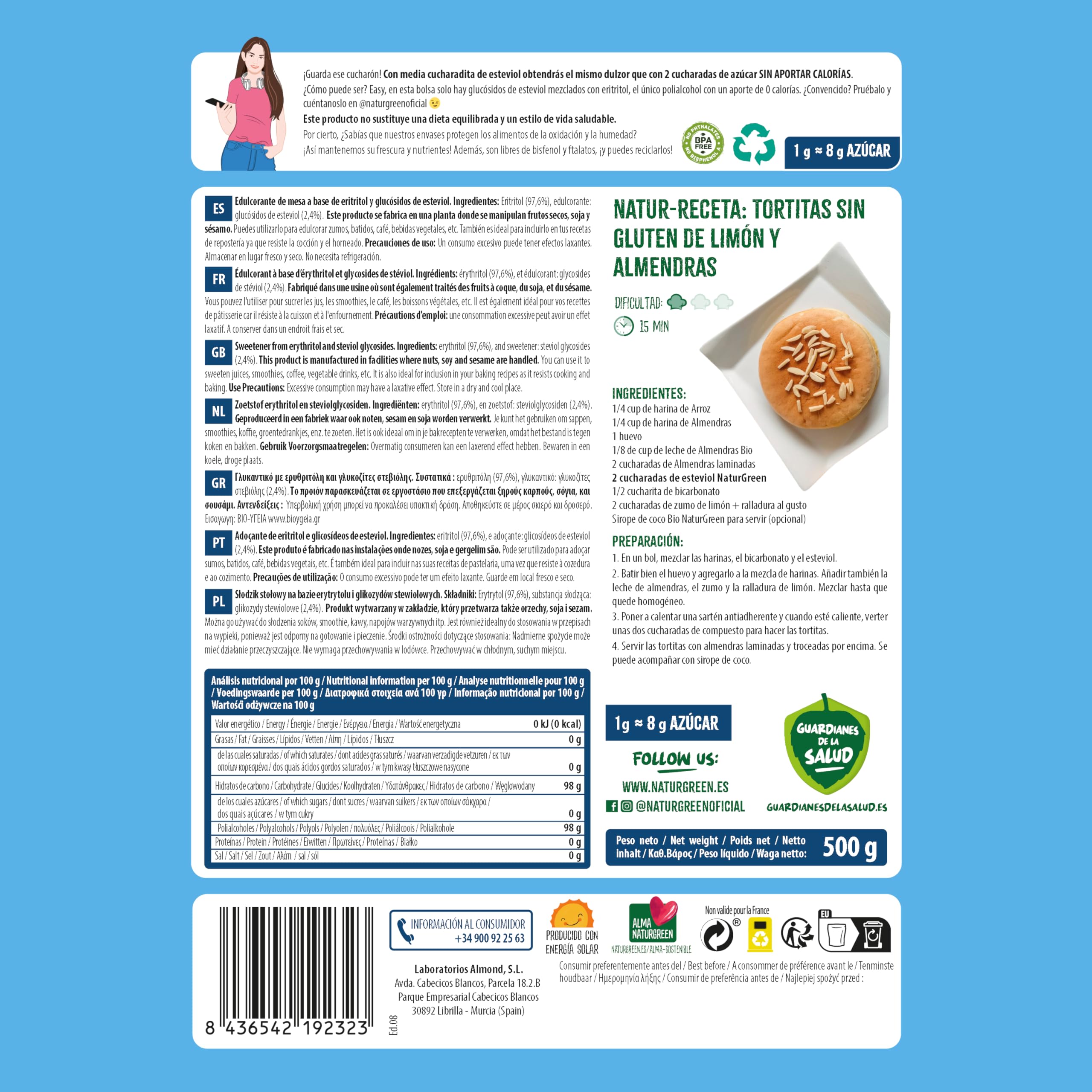 NaturGreen - Steviol, Edulcorante Natural, con Base de Eritritol, Sustitutivo del Azúcar, Orgánico, 100% Vegetal, Bajo Índice Glucémico