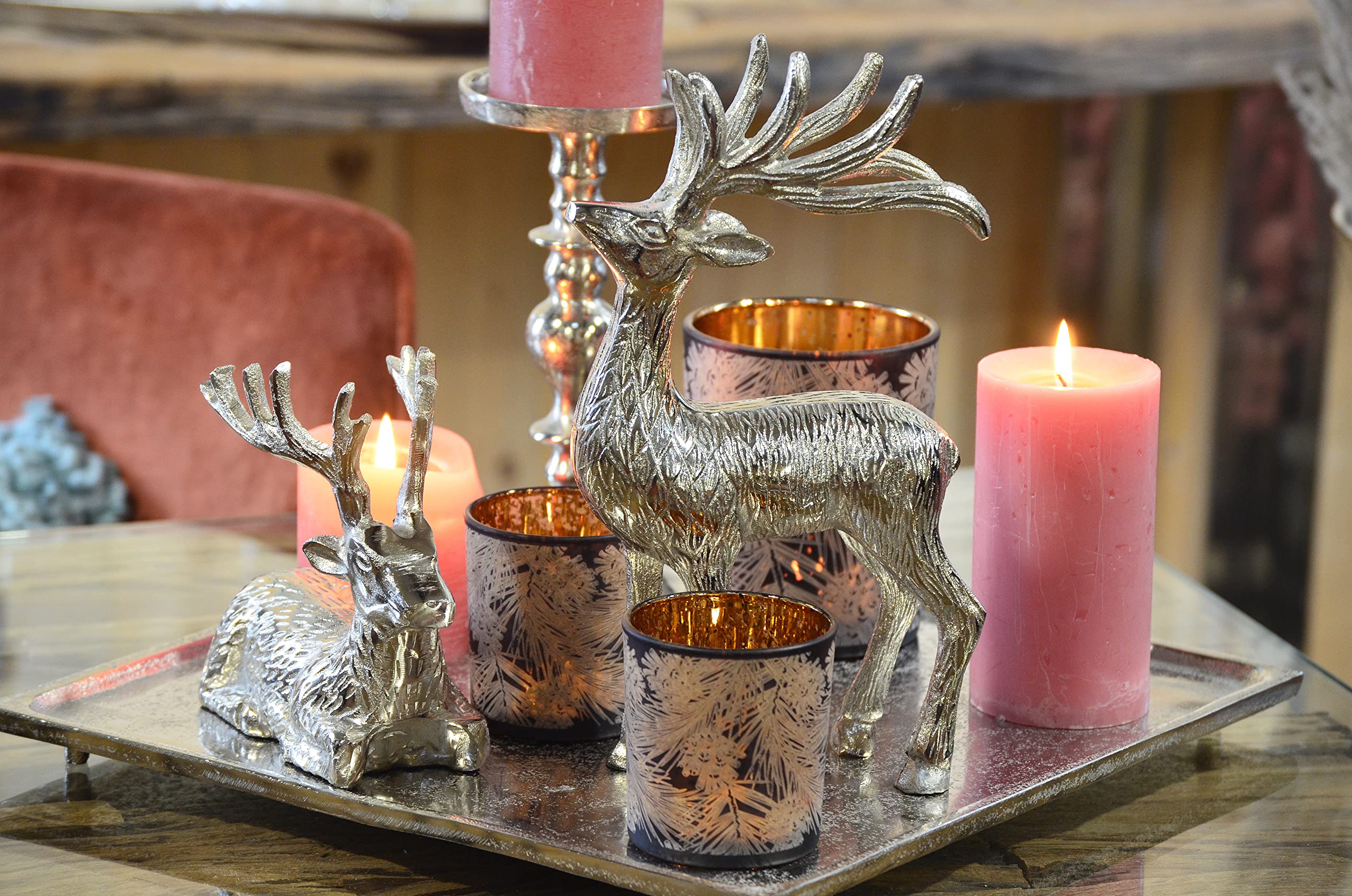 MichaelNoll Hirsch 2er Set - Stehend & Liegend - Rentier Aluminium Metall Silber - Figur Statue Dekofigur - Deko für Wohnzimmer, Küche, Schlafzimmer - Weihnachten Winter - Hirschgeweih Dekoration