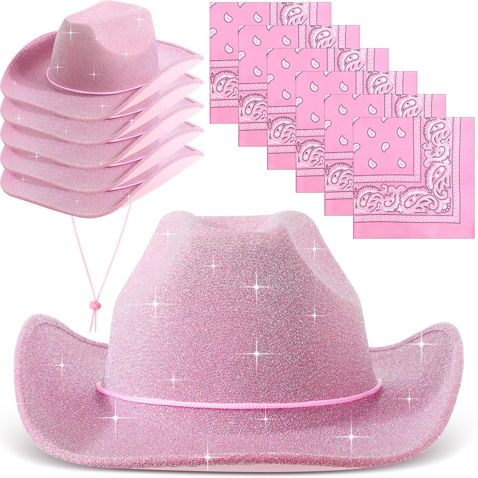 12 Pcs Sparkly Adults Cowboy Hat for Women Men Western Glitter Cowgirl Hats with Adjustable Drawstring Cowboy Party Bandana(Pink)
