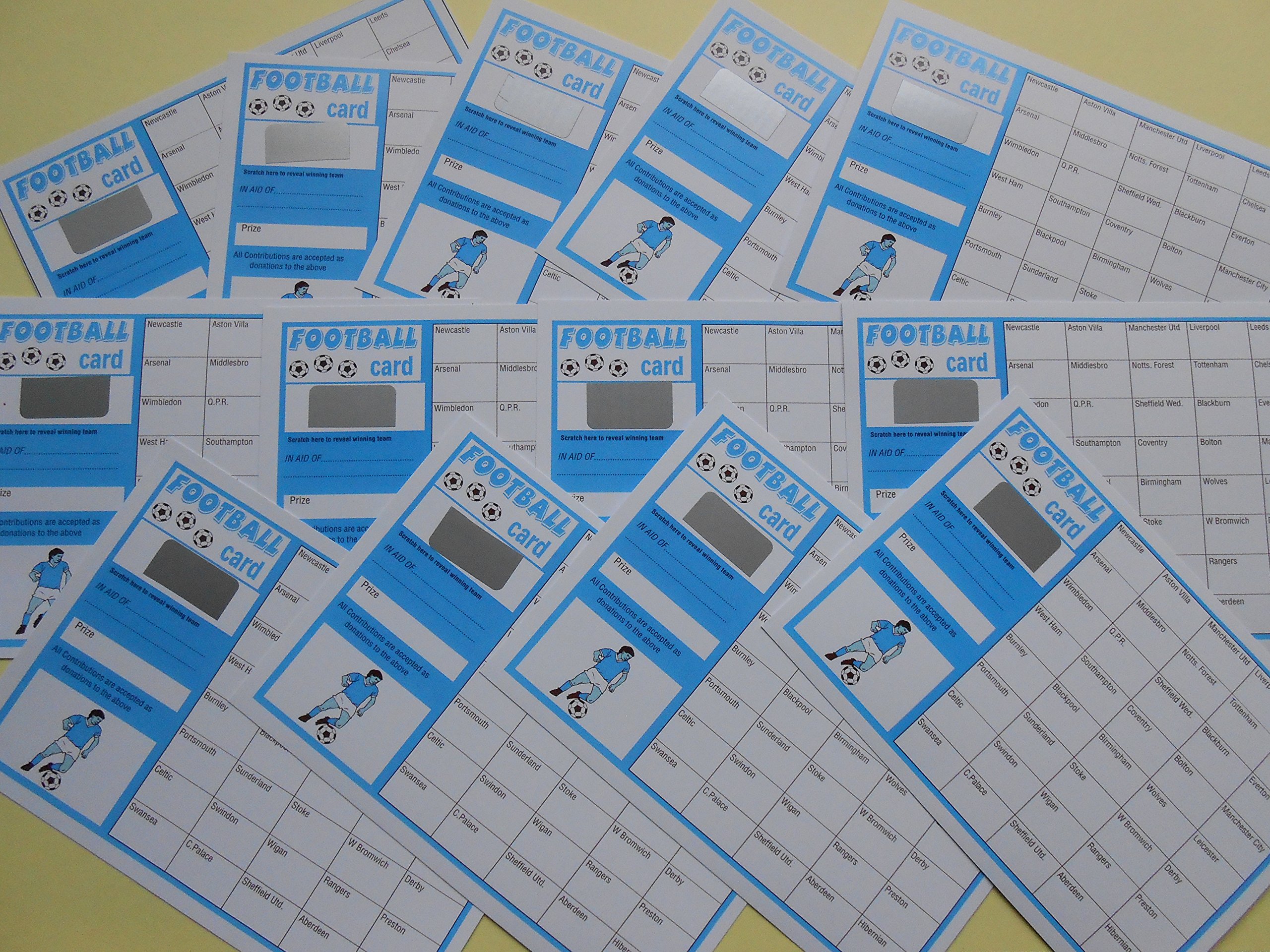 40 spaces FOOTBALL SCRATCH CARDS - PACK OF 25 - BLUE AND WHITE - RAISE 500