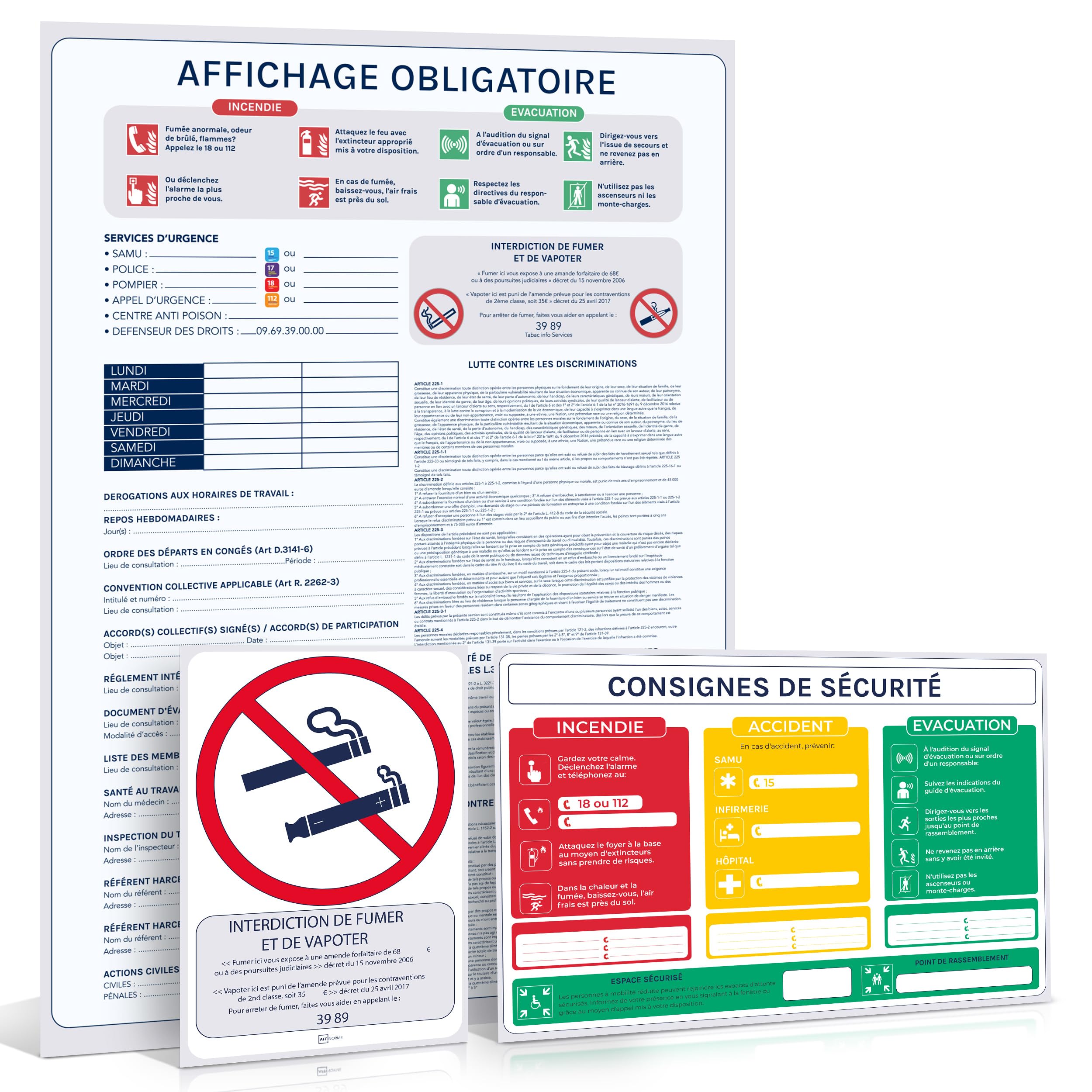 Affichage Obligatoire Entreprise 2026 - Pack Conformité: Panneau A3 Code du Travail + Affiche A4 Consignes Sécurité & Évacuation + Sticker A5 Interdit de Fumer - Kit Adhésif Complet, Fait en France