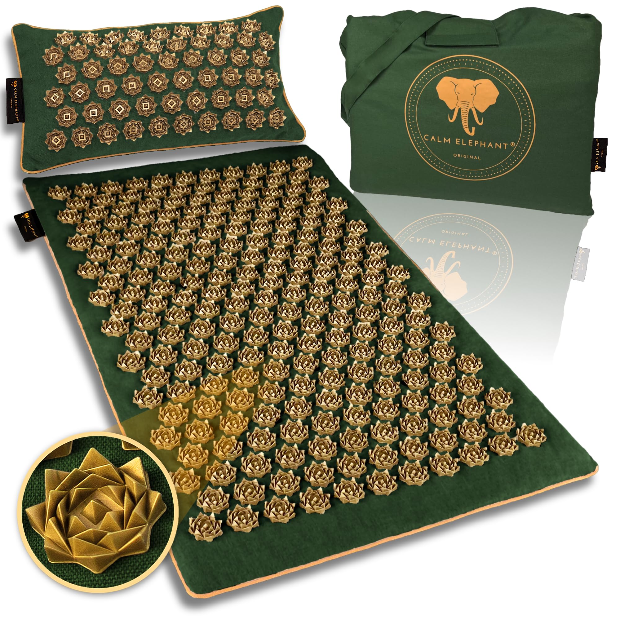 CALM ELEPHANT ORIGINAL® Esterilla de Acupresión de Lujo con Cojín XL Set PURE ECO, Esterilla de Pinchos Espalda, Libera Tensiones, Cojín con Calor y Bolsa, Natural y Sostenible - Verde
