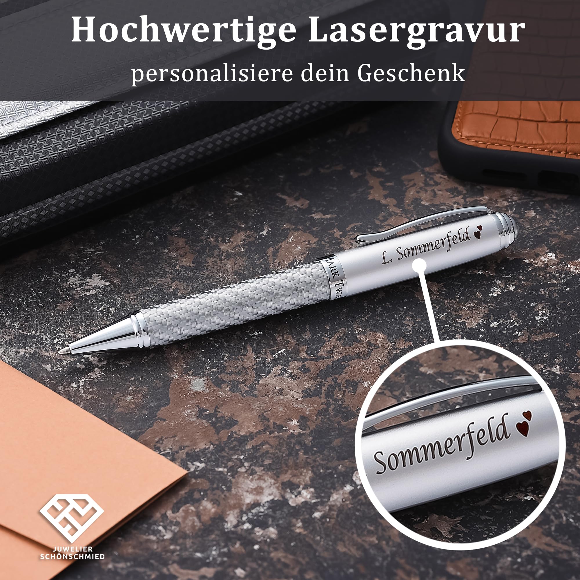 M A R K TWAIN Exklusive Kugelschreiber mit Gravur aus Metall inklusive Geschenkbox - in silbernem Karbondesign - Geschenk zum Geburtstag Jubiläum verschiedene Anlässe PS152