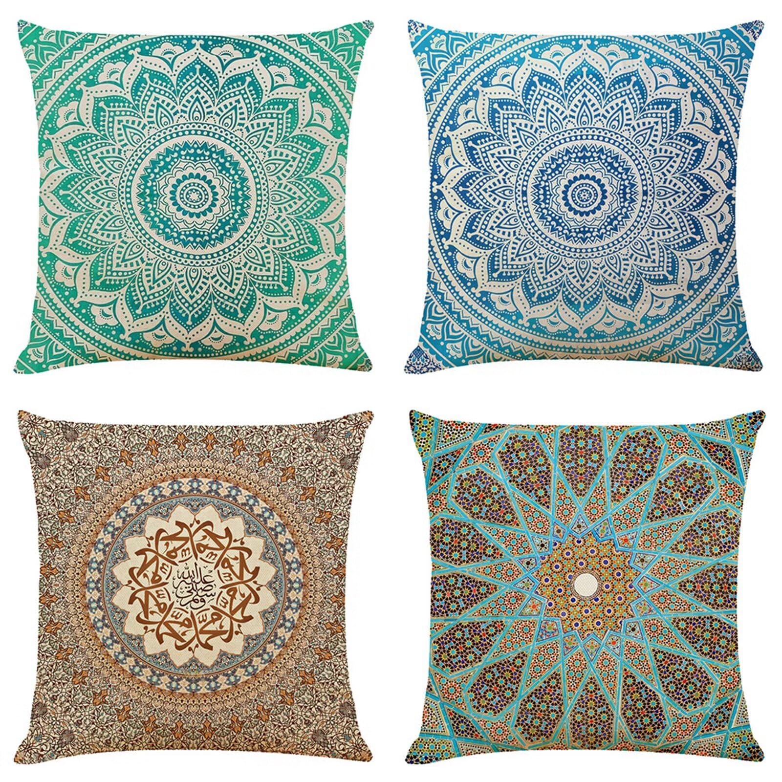 Juego de 4 Impermeable Funda de Cojín Mandala psicodélico,55x55cm Moderno Suave Transpirables Lino Fundas de Almohada Cojines Decorativos con Cremallera Oculta para Exterior Sofá Cama Coche Hogar
