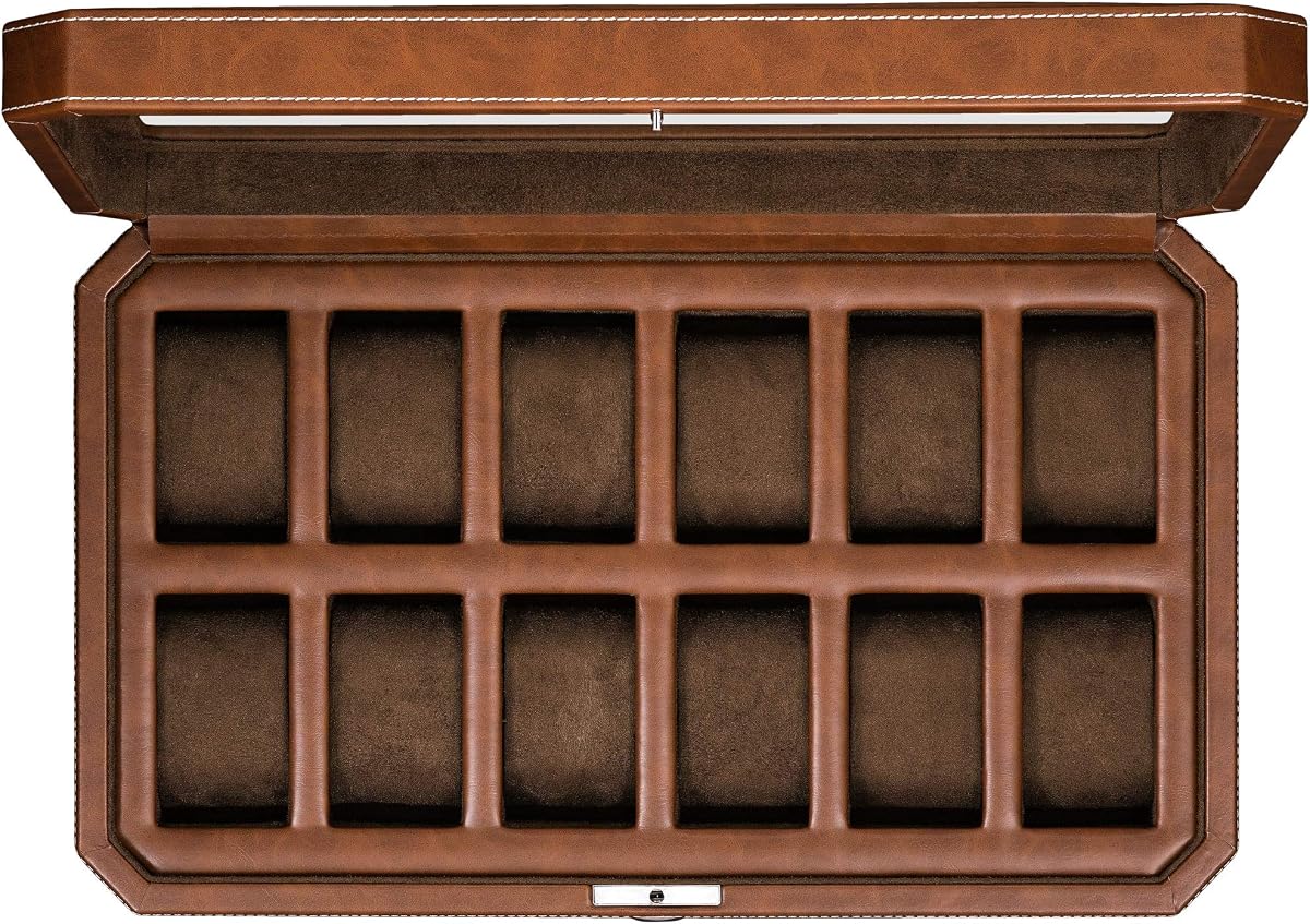 ROTHWELL 12 Slot Leather Watch Box - Luxury Watch Case Display Organizer, Microsuede Liner, Locking Mens Jewelry Watches Holder, Men's Storage Boxes Holder Large Glass Top (Tan/Brown)