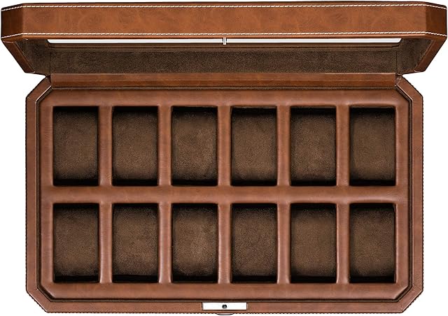 ROTHWELL Watch Box for Men - 12 Slot Luxury Watch Case Display Organizer, Microsuede Liner, Locking Mens Jewelry Watches Holder, Men's Storage Boxes Holder Large Glass Top (Black/Red) (Tan / Brown)