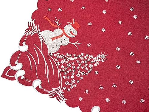 Miniatura 2 de Hermosamente elegante decoración de árboles plateados y muñeco de nieve sobre lino rojo, mantel pequeño, centro de mesa (cuadrado de 34 pulgadas)