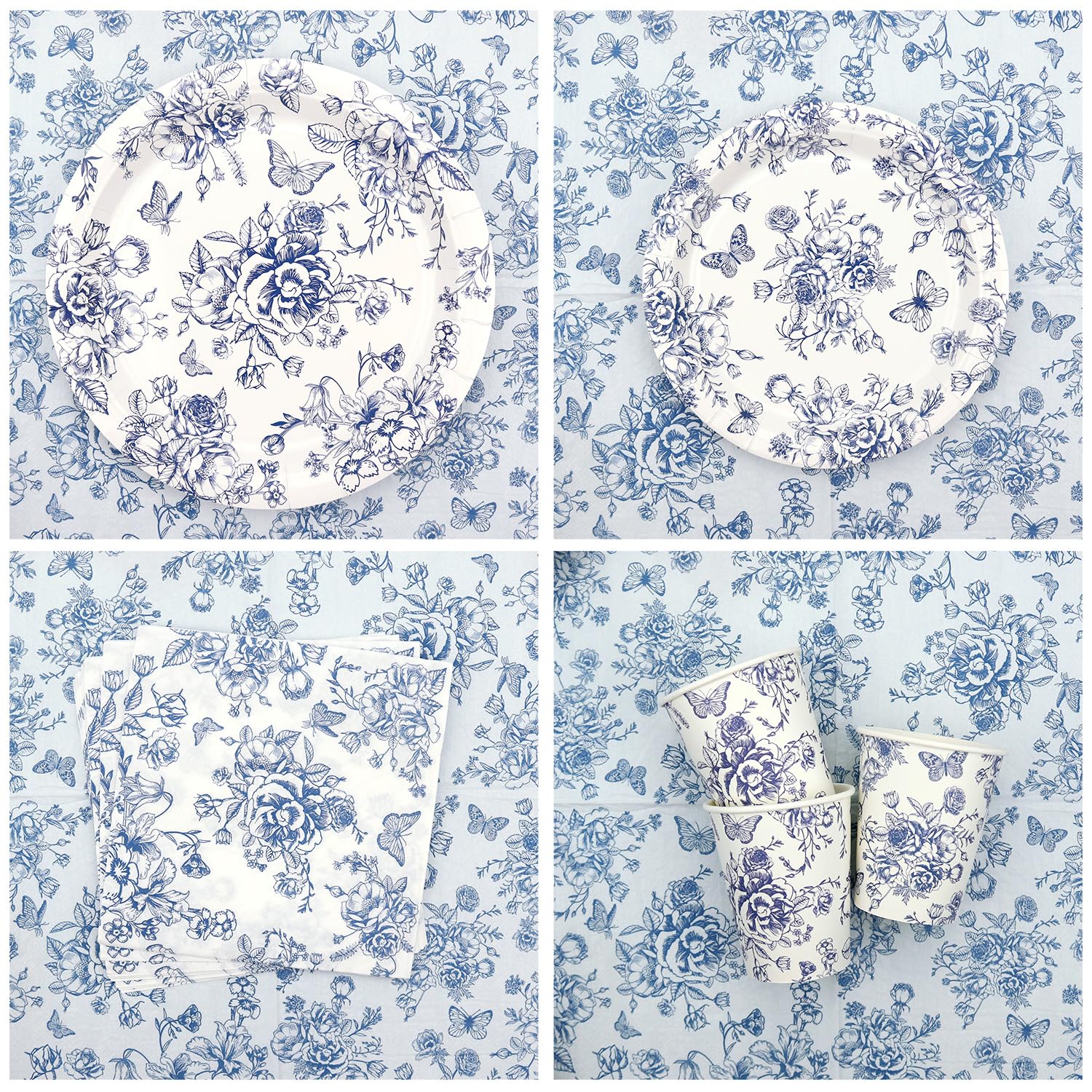 Décoration de fête florale bleue et blanche avec assiettes, gobelets, serviettes, nappes, pailles, pour anniversaire, mariage, chinoiserie pour 20 personnes