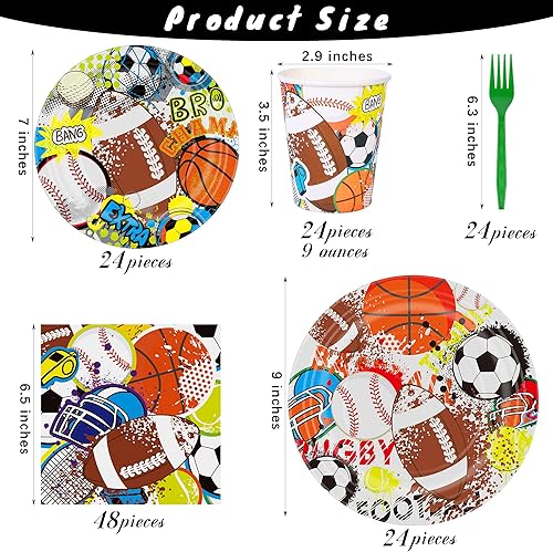 Miniatura 2 de durony Juego de 144 platos de papel y servilletas con temática deportiva, vajilla para fiesta de cumpleaños, platos de papel, servilletas, tenedores