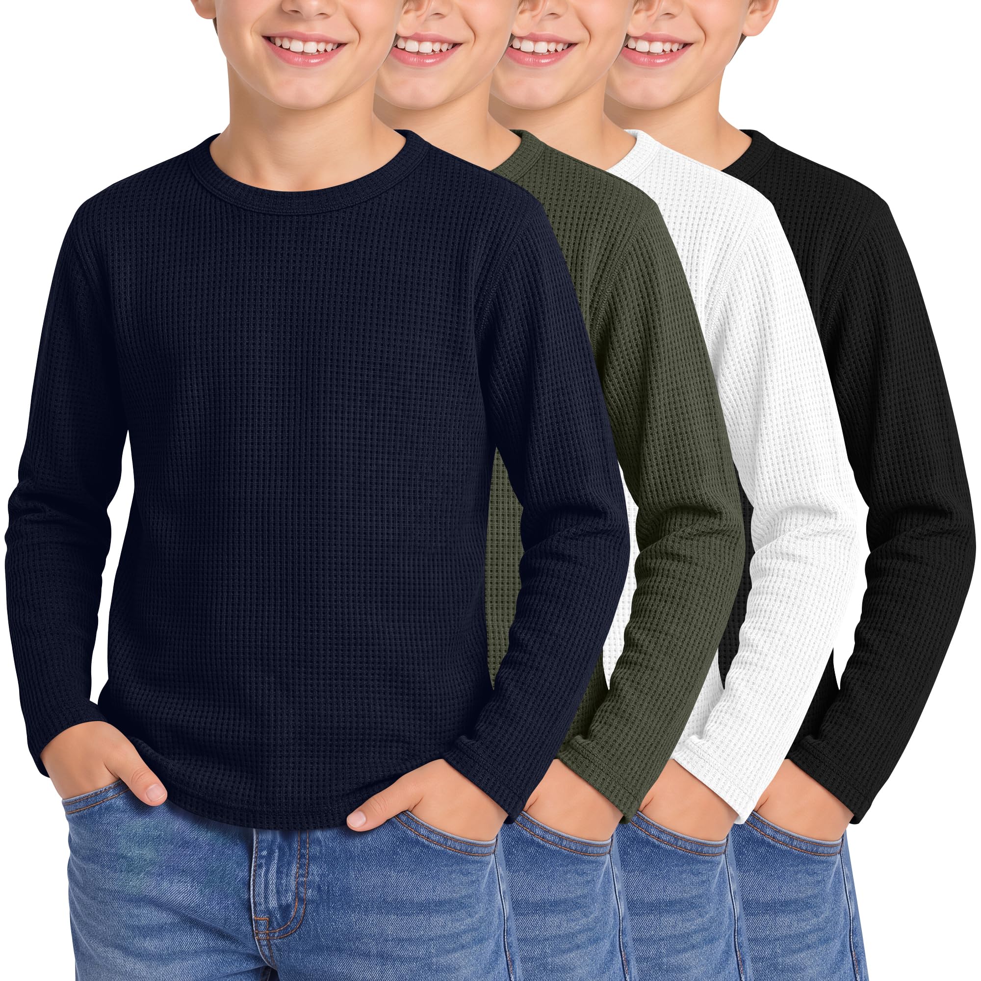 4 Pack Boys Long Sleeve Waffle Knit Thermal Shirts