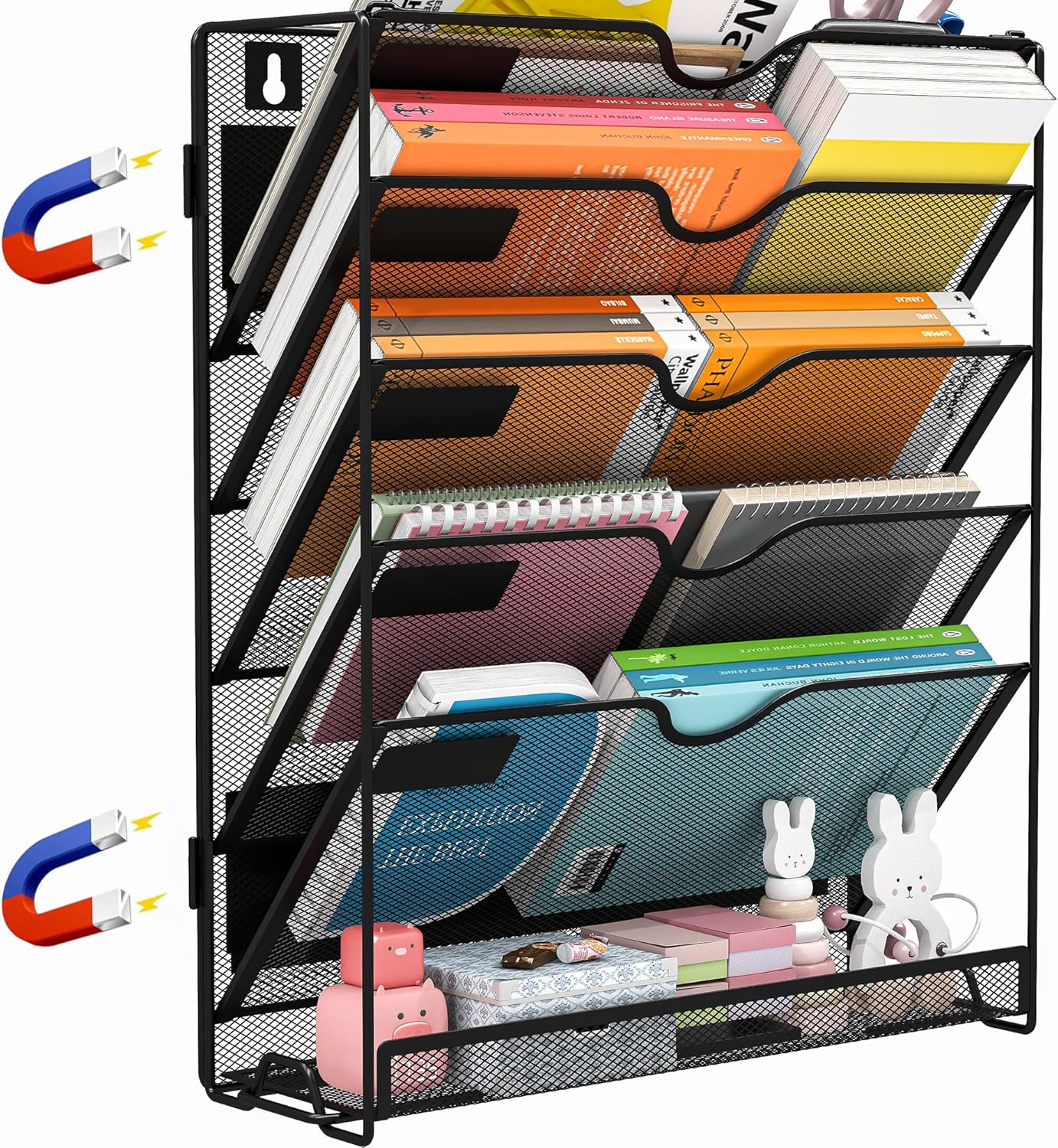 6 Tier Magnetic File Holder Folding, No Drilling Installation Magnetic File Folder Holder, Magnetic Mail Holder File Organizer for Refrigerator,Whiteboard,Office