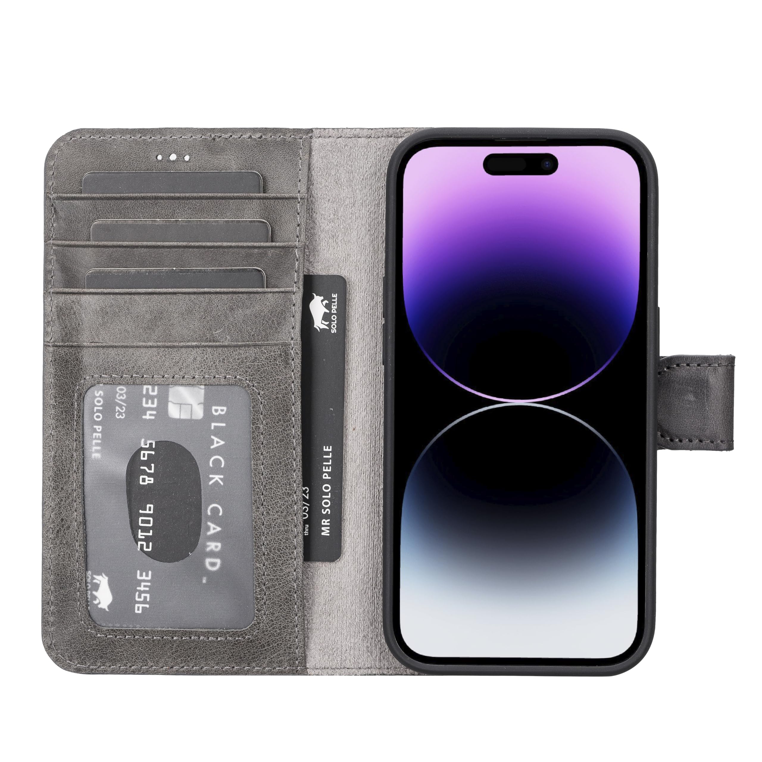 Solo Pelle Lederhülle kompatibel für iPhone 15 Pro in 6.1 Zoll abnehmbare Hülle (2in1) inkl. Kartenfächer für das original Apple iPhone 15 Pro (Steingrau)