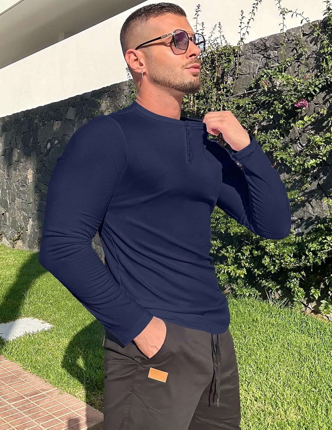 JMIERR Mens Fashion Muscle Henley Shirt V Neck Long Sleeve Slim Fitted Casual Curved Hem Athletic Gym Workout Shirts - Image 4