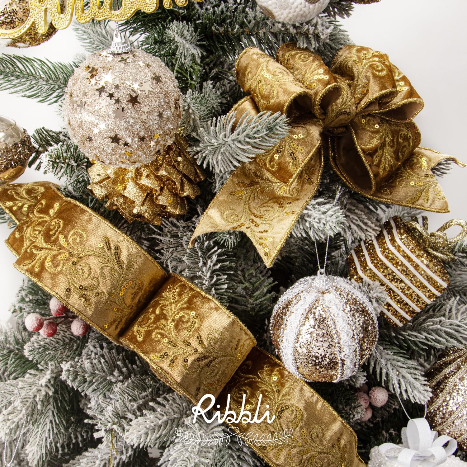 Ribbli Gold Luxe Velvet Wired Ribbon with Embroidery Design 2.5 Inch Christmas Ribbon for Gift Wrapping Christmas Tree Decoration Crafts Wreaths Supplies-Continuous 5 Yards