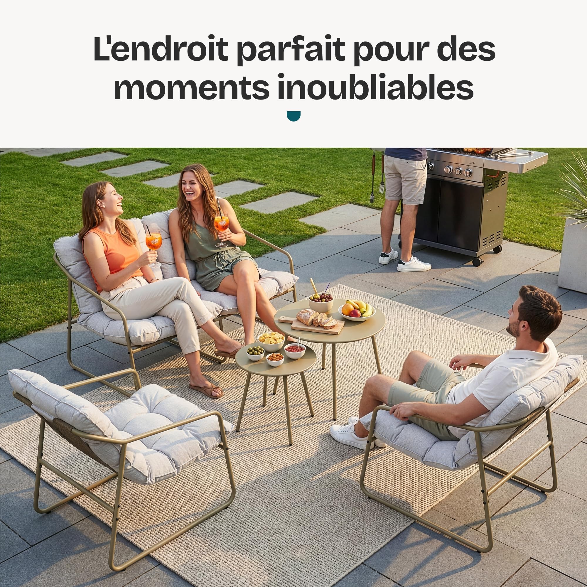 [en.casa] Salon de Jardin 5 Pièces Kivanta 2 Tables Banc 2 Chaises Beige