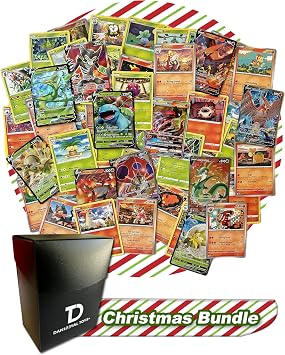 Christmas Pokemon Compatible TCG Random Assortment Bundle || Fire or Grass Ultra Rare + 20 Random Fire Or Grass Cards + Dan123yal Deck Box
