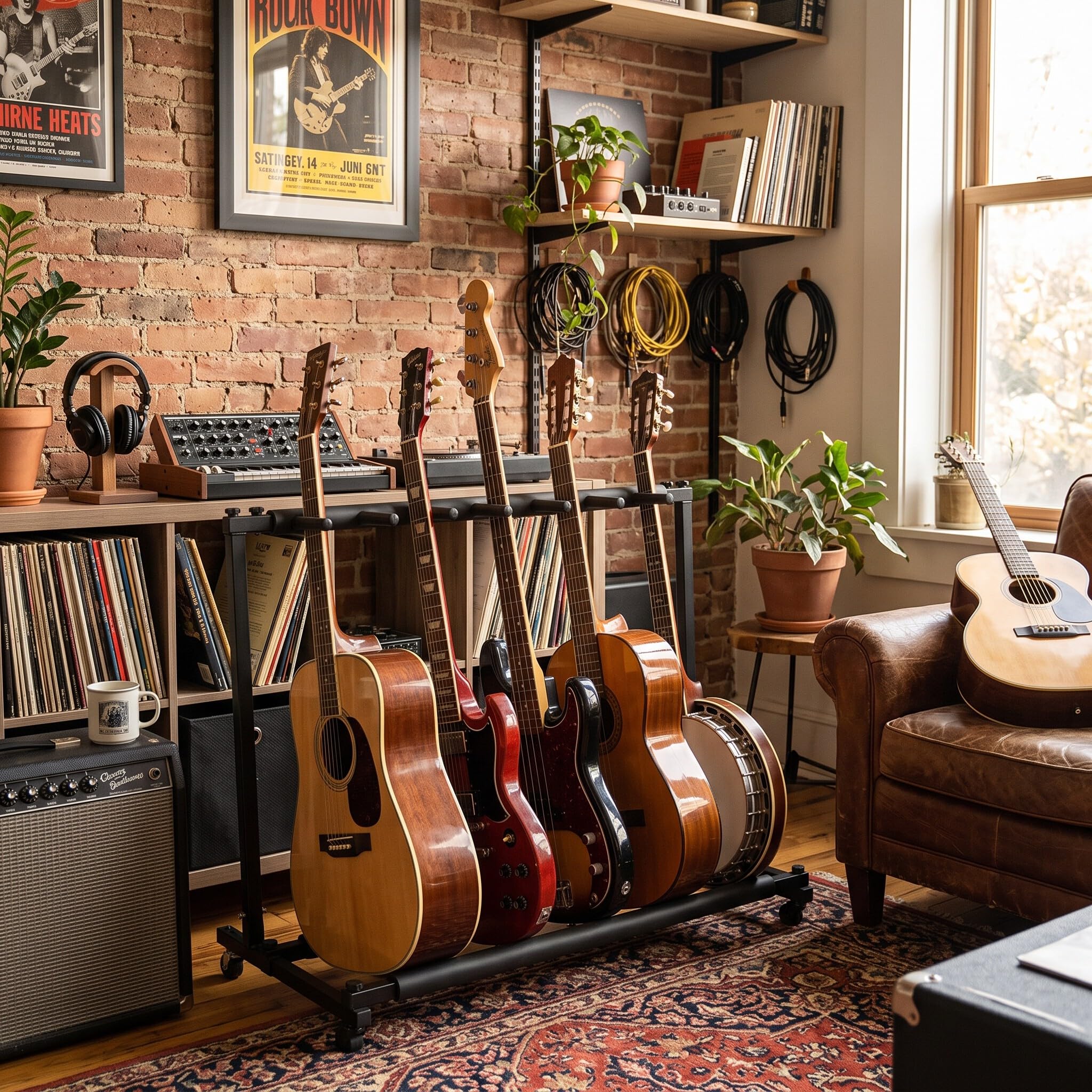Ejoyous 5-krotny stojak na gitarę, wielofunkcyjny, metalowy stojak na gitarę, stojak, stojak, stojak na gitarę, uchwyt z gumowymi stykami, do gitary akustycznej, basu akustycznego (5)