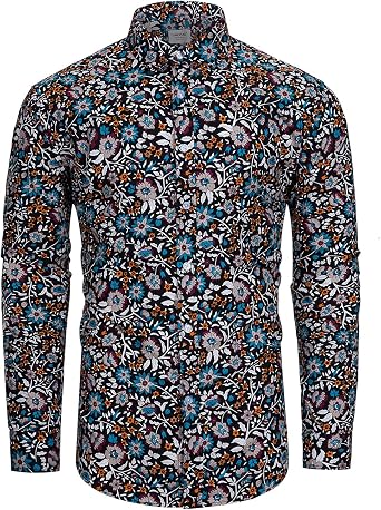 TUNEVUSE Men Floral Dress Long Sleeve Button Down Patterned Shirt Cotton