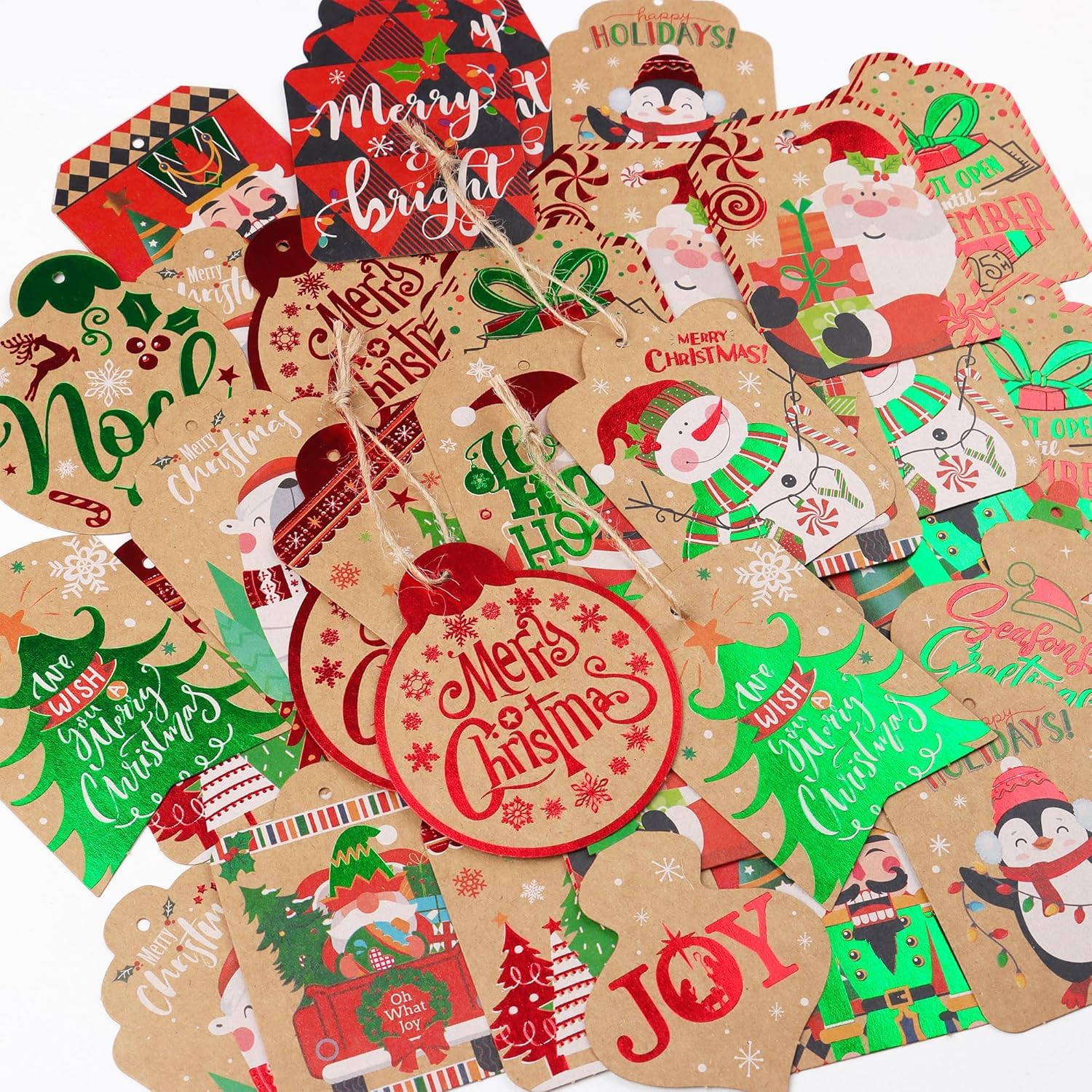 96 Christmas Gift Tags with String Attached – 16 Foil Holiday Designs Kraft Name Tags for DIY Xmas Present Wrapping, Gift Bags & Holiday Packages (3 x 2.2 Inches) - Image 6